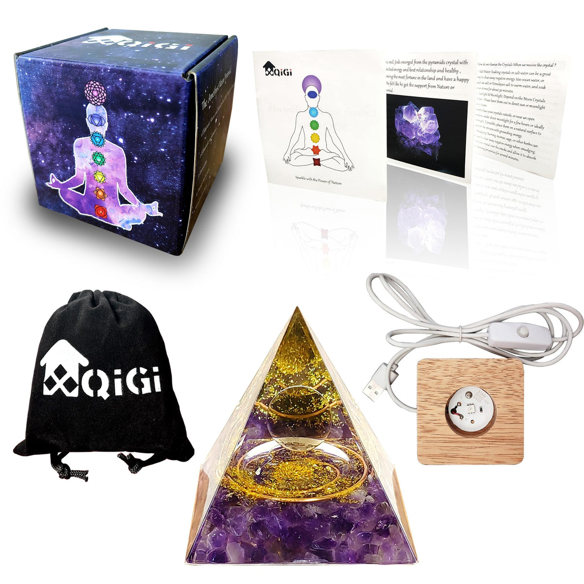 XQIGI Orgone Crystal Pyramid for Positive Energy, Light Base Natural Orgonite Amethyst Gemstone Obsidian Ball Stones, Healing Pyramids Gift for Chakra Reiki Healing Meditation Lucky Happiness Fortune
