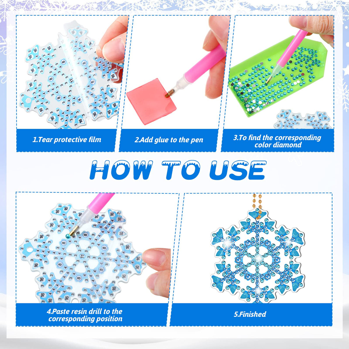 Ferraycle 12 Pcs Diamond Painting Keychain Kit Winter Diamond Art Keychain Ornaments 5d DIY Snowflake Diamonds Painting Key Rings for Adults Art Pedants Decor