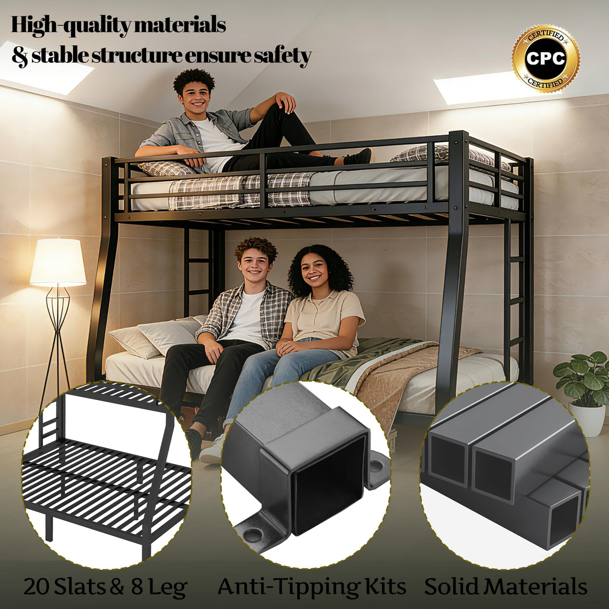 Bellemave Full XL Over Queen Bunk Bed with High Guardrail & Under-Bed Storage, Heavy Duty Metal Bunk Beds Frame with 2 Side Ladders, Full Over Queen Bunk Bed for Adults, No Box Spring Needed, Black