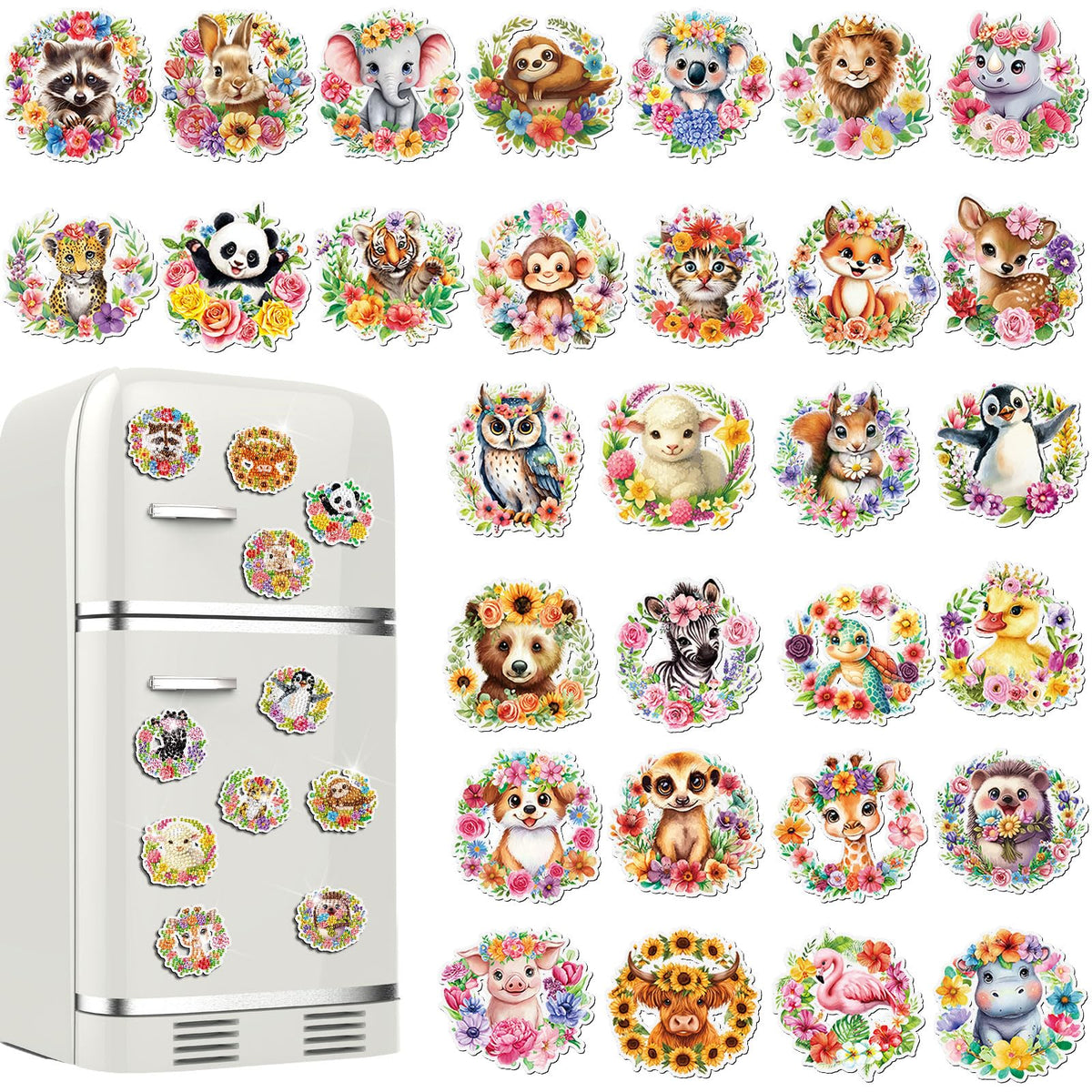 Xuhal 30 Pcs Spring Animal Diamond Painting Magnet Flower Animal Diamond Art Magnet Kits for Adults Floral Wreath Elephant Refrigerator Magnetic Sticker 5D Rhinestone Fridge Sticker for DIY Craft Gift