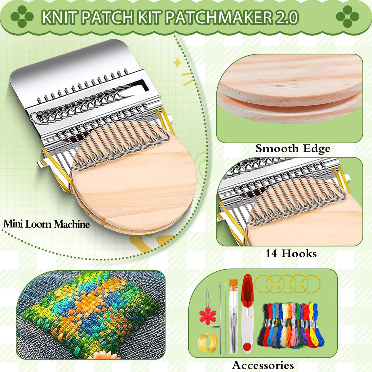Jeyermier Patchmaker 2.0 Kit, Portable Patch Darning Kit for Beginners, Speedweve Darning Loom to Repair Holes on Socks, Clothes & Jeans, Knit Patch Repair Tool for Quickly Sewing Repair (14 Hooks)