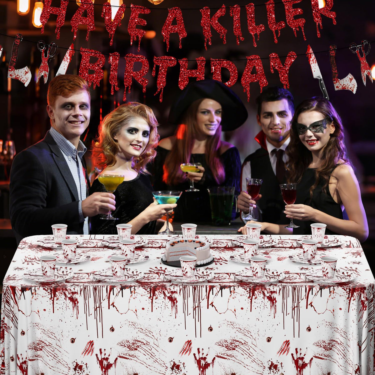 MEHOFOND Killer Birthday Decoration, 194PCS Halloween Scream Party Tableware Decorations Include Have a Killer Banner Bloody Hand Print Plates Napkins Tablecloth for Horror Themed Birthday Supplies
