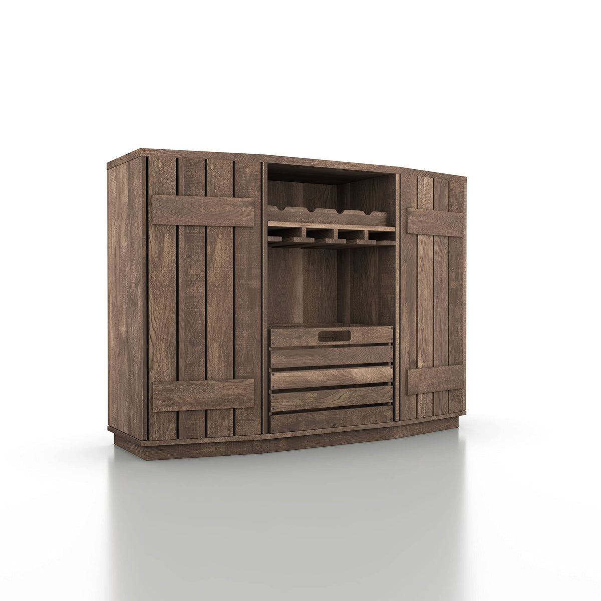 Homes: Inside + Out Lopez Farmhouse 2 Side Cabinets, 3 Shelves 48 in. Buffet with Removable Crate and Four Bottles Wine Rack, Sideboard for Kitchen, Dining Room, Reclaimed Oak Brown