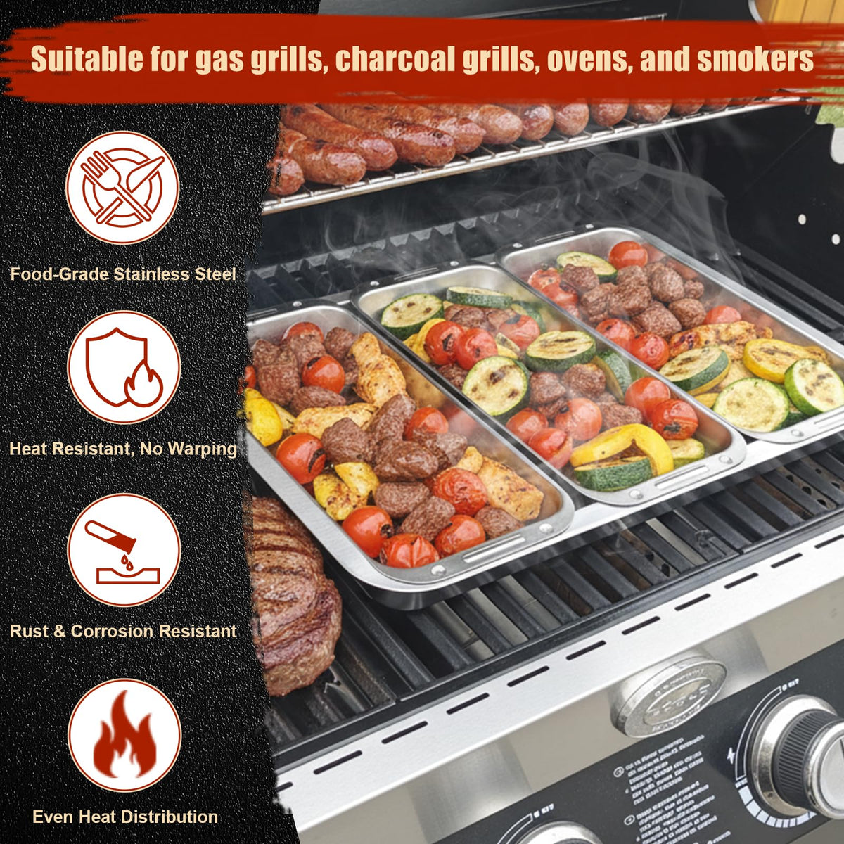 BBQ Vegetable Grill Basket Set, 4 Piece Stainless Steel Grill Pan Set with Universal Handle & lid, Dishwasher Safe, for Outdoor Cooking, Camping, Picnic, For Grilling Fish Veggies & Meats