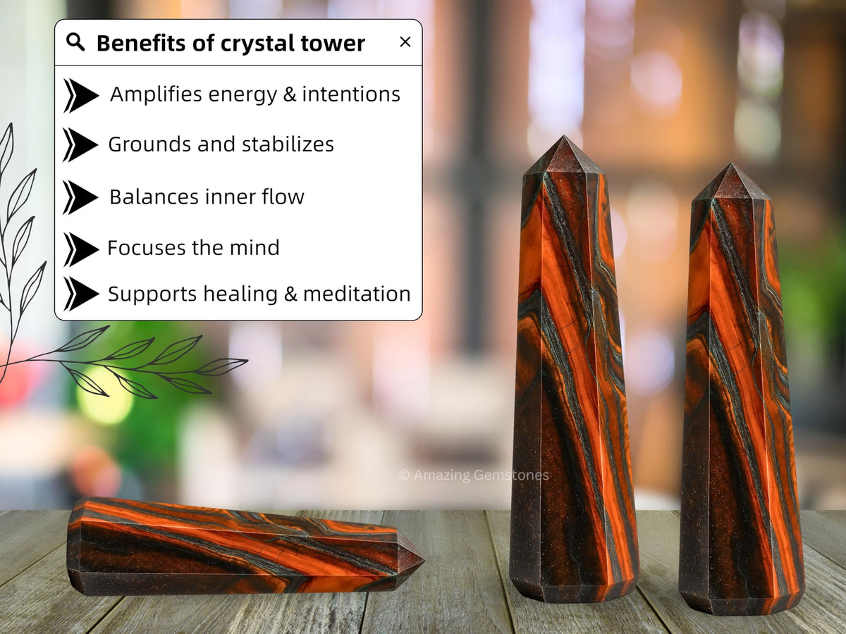 Amazing Gemstone Red Tiger Eye Crystal Towers - Natural Healing Crystal Point Obelisk for Reiki Healing and Crystal Grid (2" to 3" INCH)