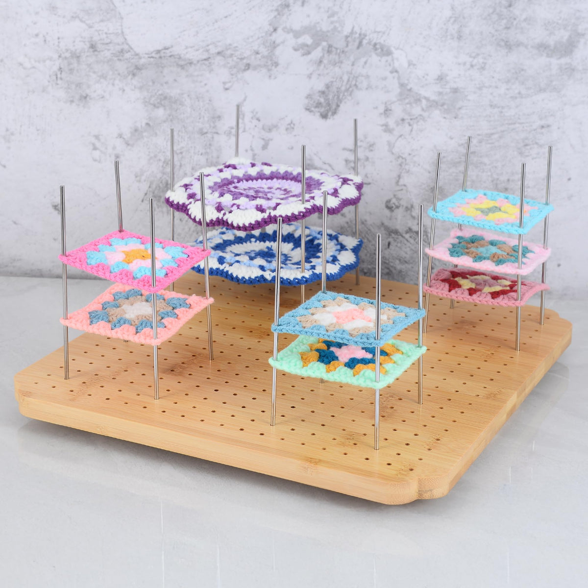 BLELEYLL 13" Crochet Blocking Board with 15 Pegs/Pins,Granny Square Blocking Board,Blocking Boards for Crochet Projects,Wooden Crocheting Accessories Gifts for Crocheters.
