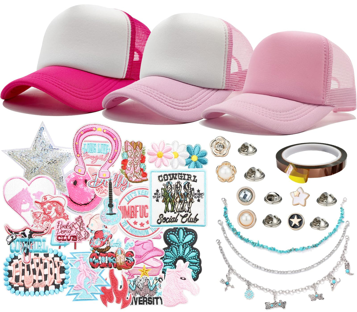 HEYTRCO Pink Western Trucker Hat DIY Kit, 3 Pink Mesh Foam Hats, 25 Patches, 3 Chains, 6 Pins, Heat-Resistant Tape for Custom Cowgirl Hats, Girls DIY Craft Set