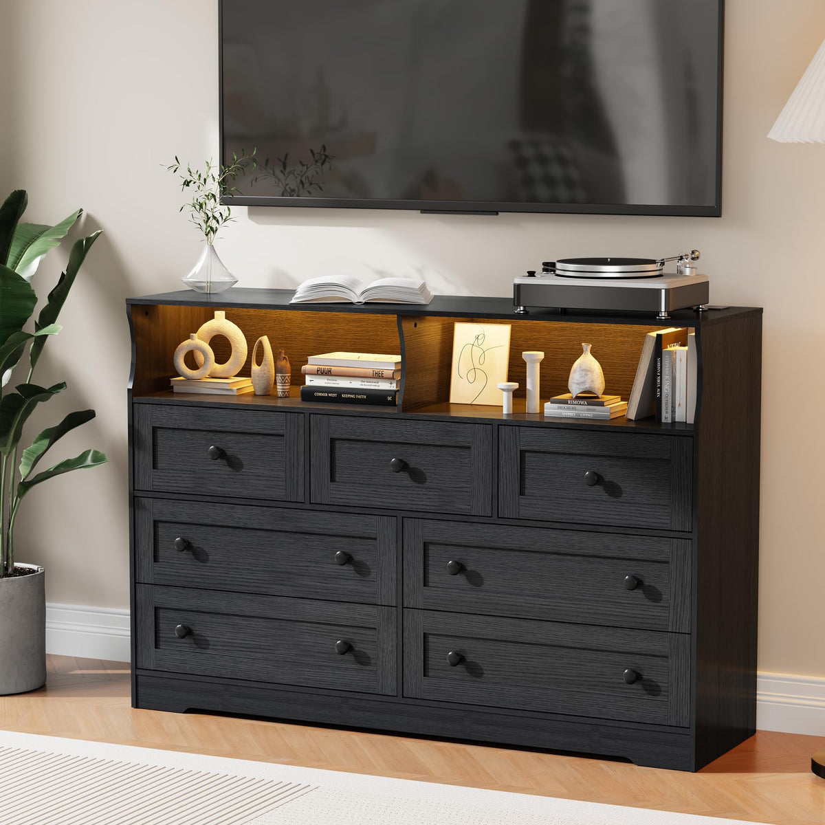 IDEALHOUSE Dresser for Bedroom with 7 Drawers, LED Lights & Charging Station, Wooden Chest with 2 Open Compartments, Freestanding Storage Organizer for Closet, Nursery, Entryway, Black