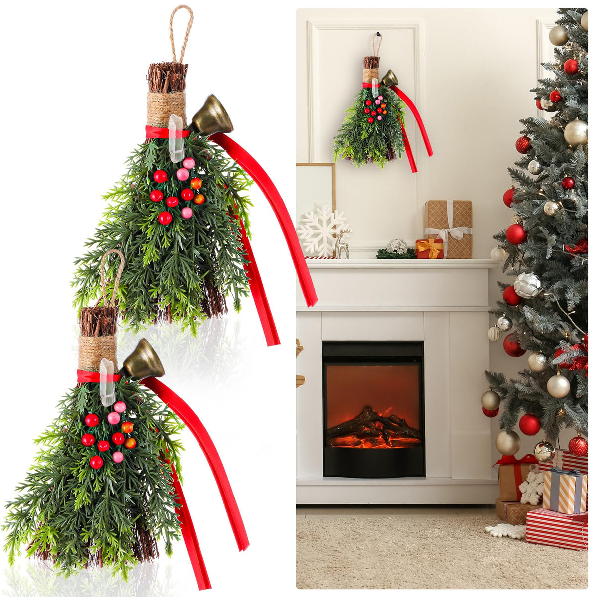 Jenaai 2 Pcs Yule Decorative Broom 6.7 Inch Pagan Christmas Decor Mini Witch Broom Handmade Pagan Broomstick with Crystal Holly Berry Jingle Bell Xmas Hanging Decor for Altar Door Protection Gift