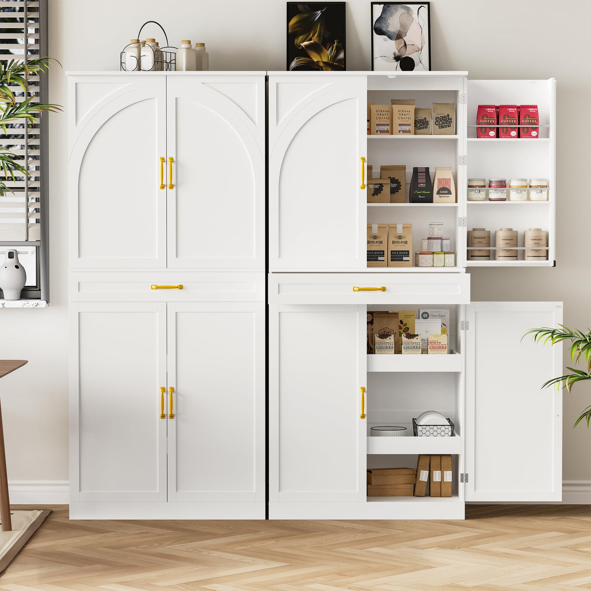 HQZX 71’’ Tall Kitchen Pantry Cabinet, Pantry Storage Cabinet with 6 Doors Shelves, Large Drawer & 2 Pull Out Shelves, Freestanding Cupboard for Kitchen, Dining Room, White