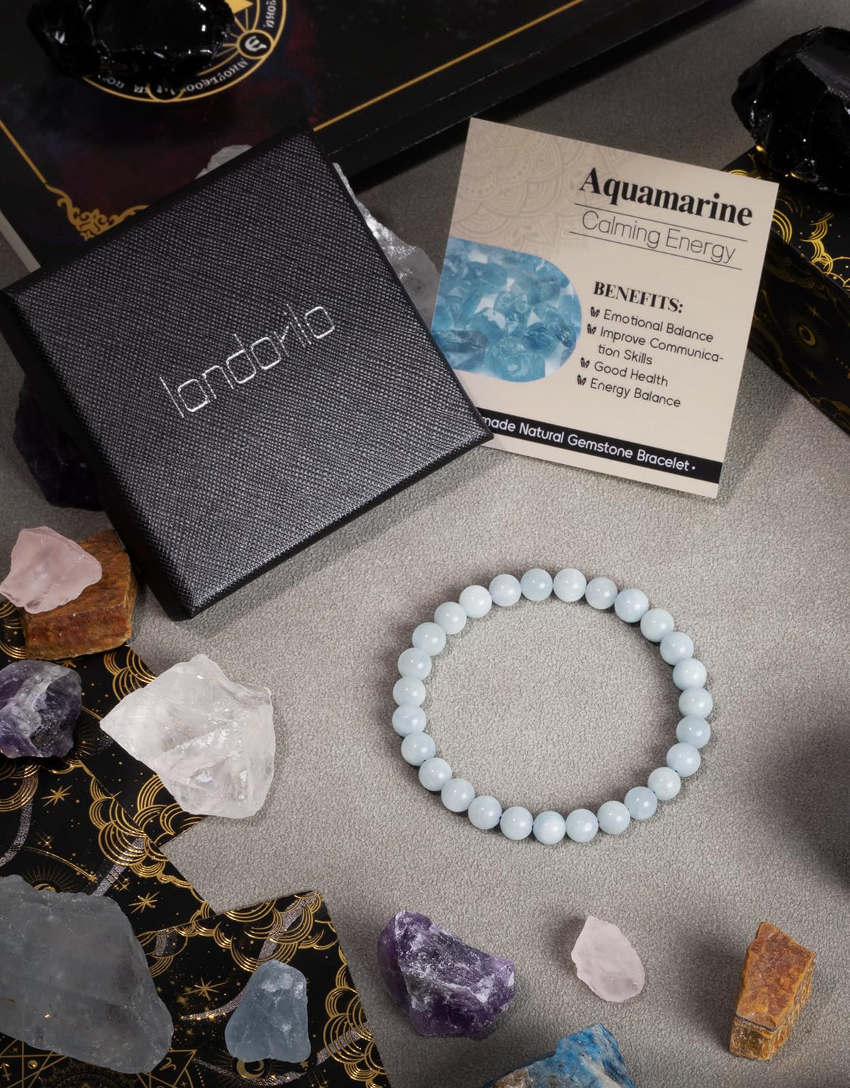 Landorilo Beaded Bracelet for Men Women, 6mm Natural Stone Aquamarine Healing Crystal Stretch Bracelets, Ideal Christmas Birthday Jewelry Gifts with Energy Card，Replacement Beads Included