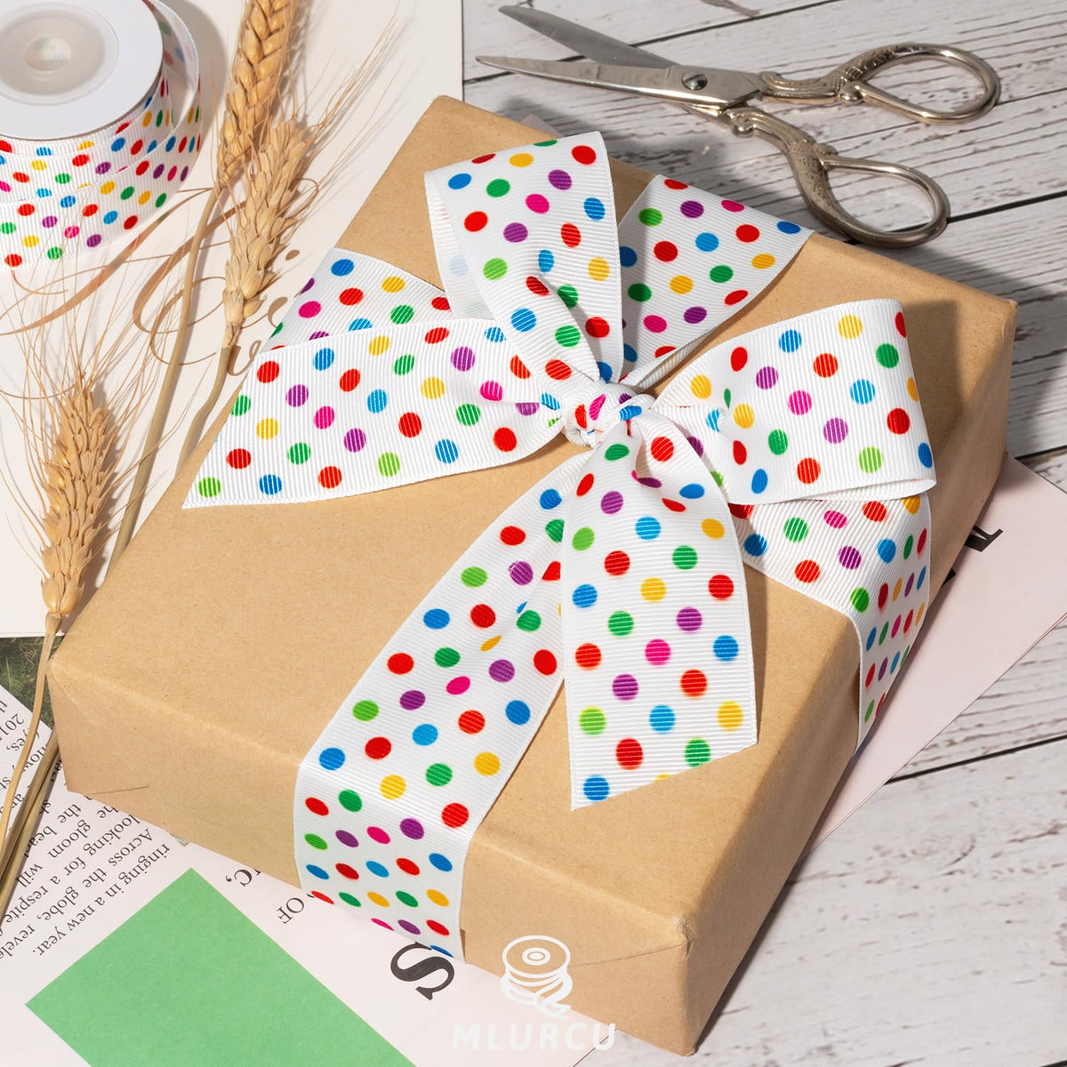 Polka Dot Ribbon Set 3 Rolls 5/8", 7/8", 1.5" Rainbow Colored Dot Grosgrain Ribbons for Gift Wrapping, Birthday Party, Baby Shower, Wreaths, Hair Bows, Banners, Candy Bags, DIY Crafts