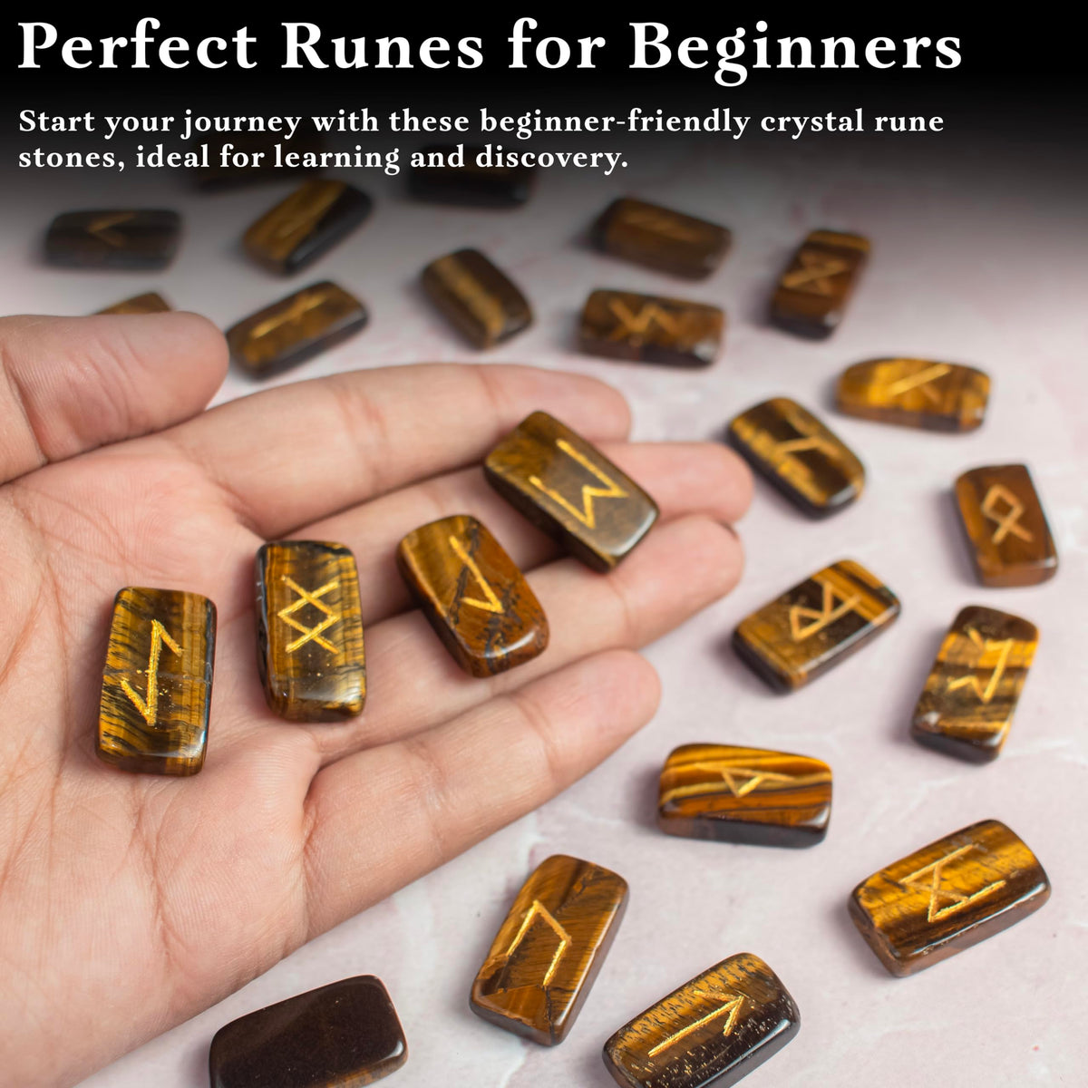 Crocon Tiger Eye Rectangle Shape Gemstone Runes with Elder Futhark Alphabet Engraved 25 pcs Rune Set Crystal Divination Metaphysical Healing Chakra Reiki Runes Set with a Pouch Size : 20-25mm
