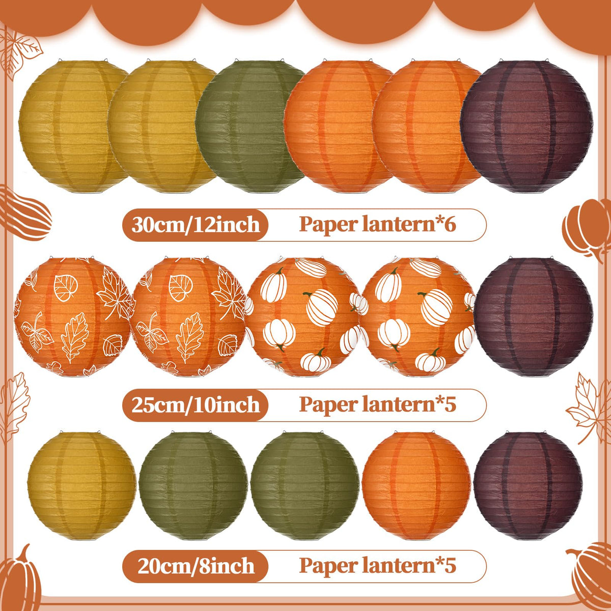 Bencailor 16 Pcs Thanksgiving Paper Lanterns Fall Party Paper Lanterns Dark Orange Pumpkin Round Thankful Maple Leaves Hanging Party Decorations for Autumn Harvest Outdoor Decor