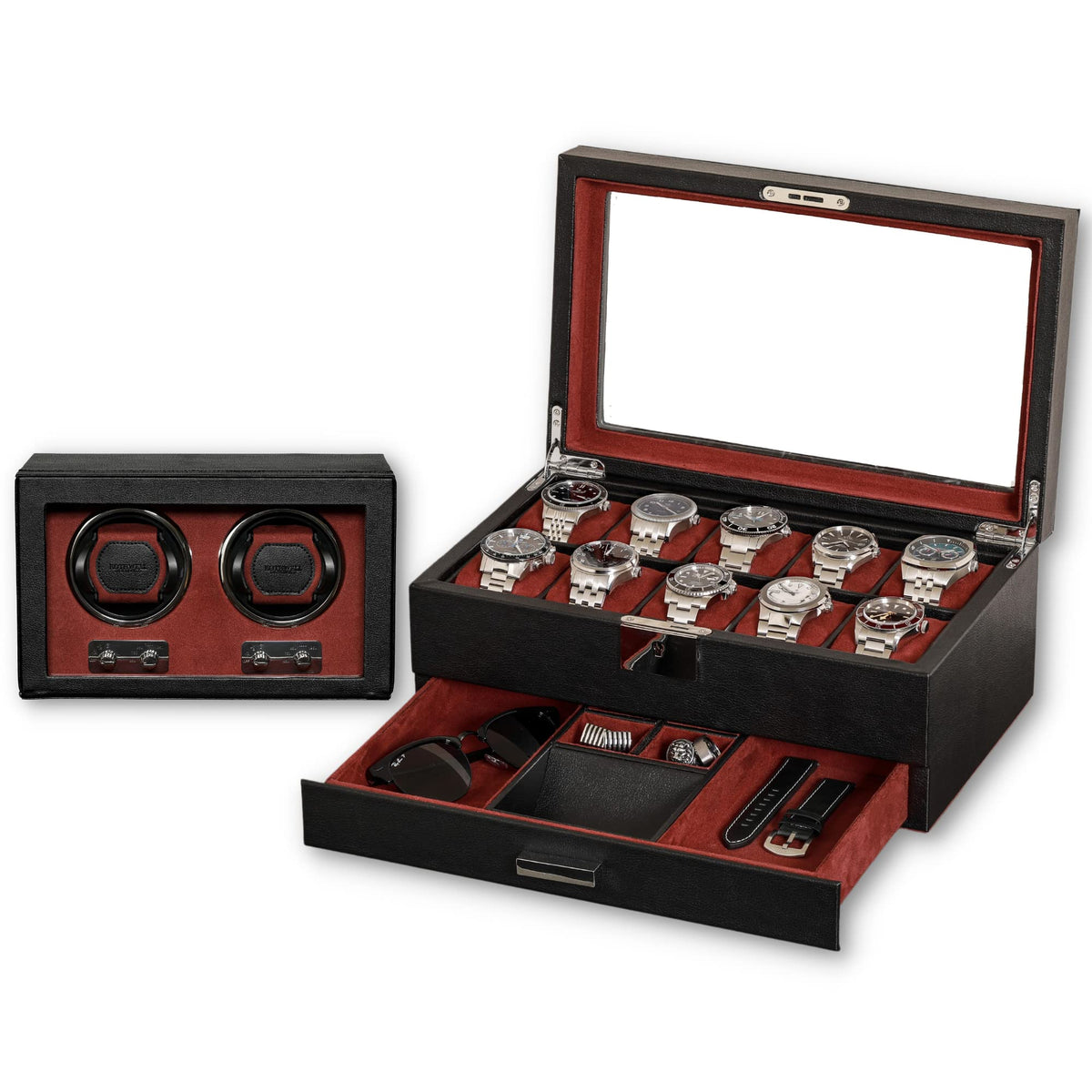 Gift Set 10 Slot Leather Watch Box with Valet Drawer & Matching Double Watch Winder - Luxury Case Display Organizer, Locking Mens Jewelry Watches Holder, Men's Storage Boxes Glass Top Black/Red