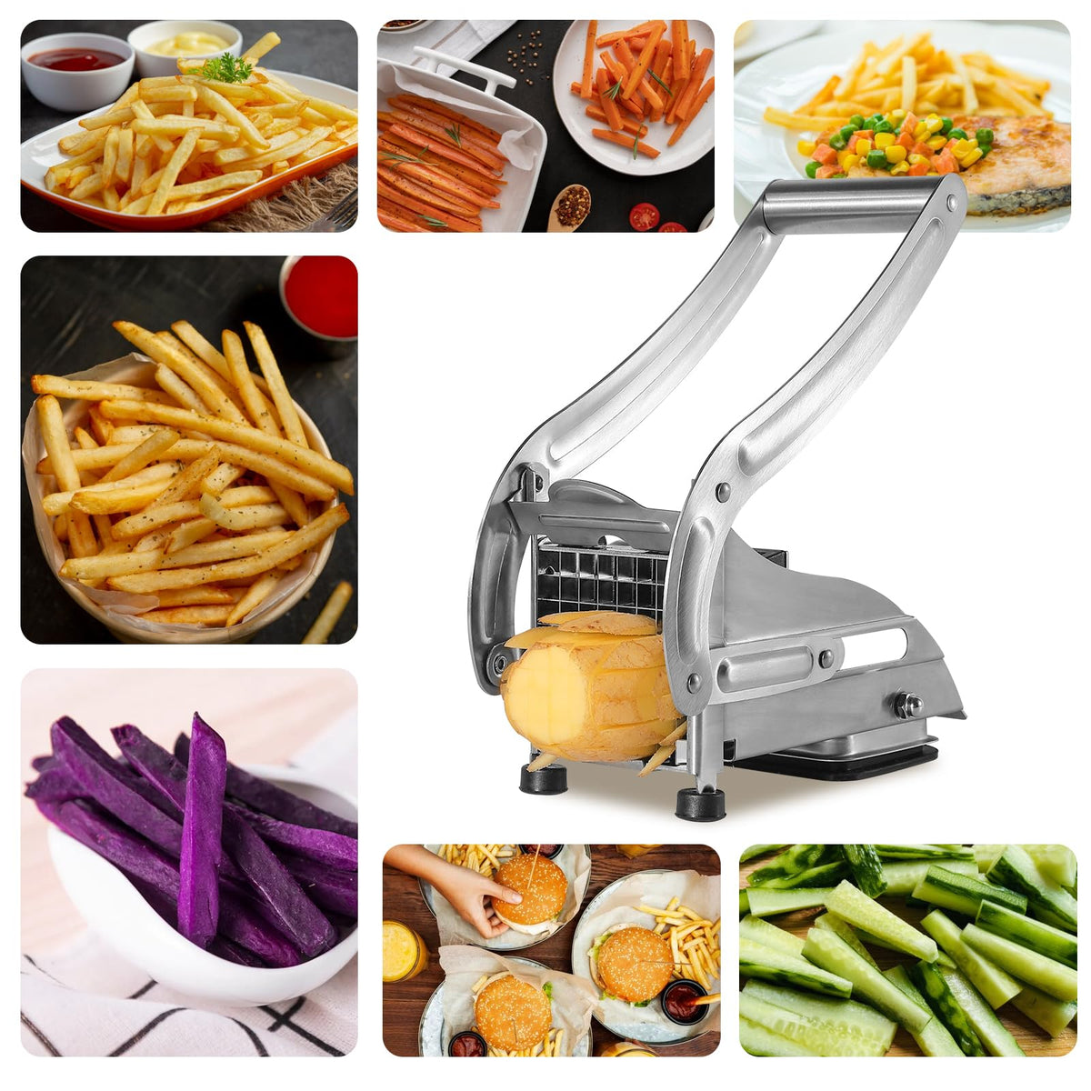 YENXIKU Premium French Fry Cutter & Potato Slicer – Stainless Steel Vegetable Cutter with 1/2 & 1/3 Inch Blades for Fries, Potatoes, Chips & Carrots (1-Pack)