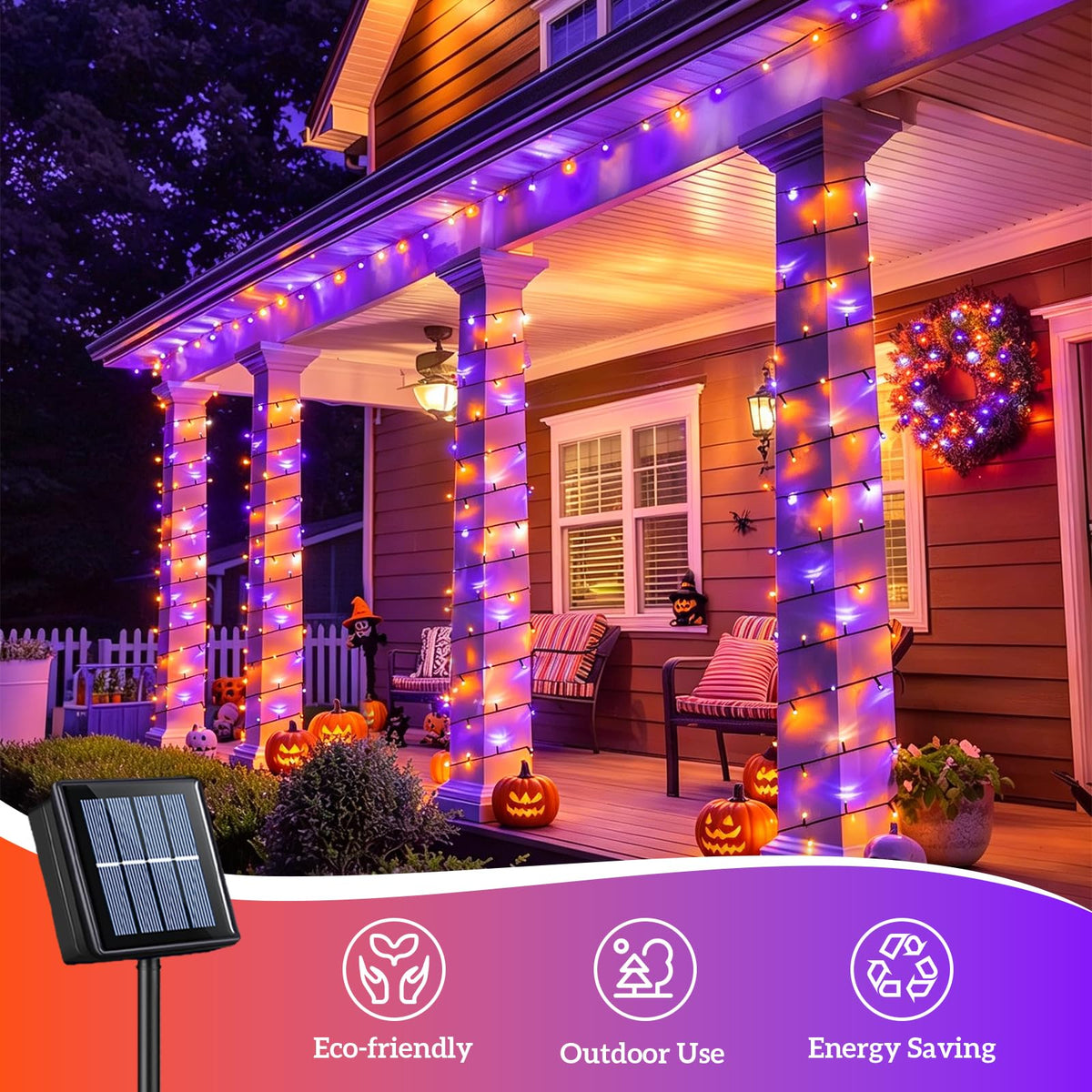 QITONG Orange and Purple Solar String Lights, 2 Pack Each 66ft 200 LED Halloween String Lights Outdoor Waterproof, 8 Modes Christmas Solar Twinkle Lights for Halloween Decor