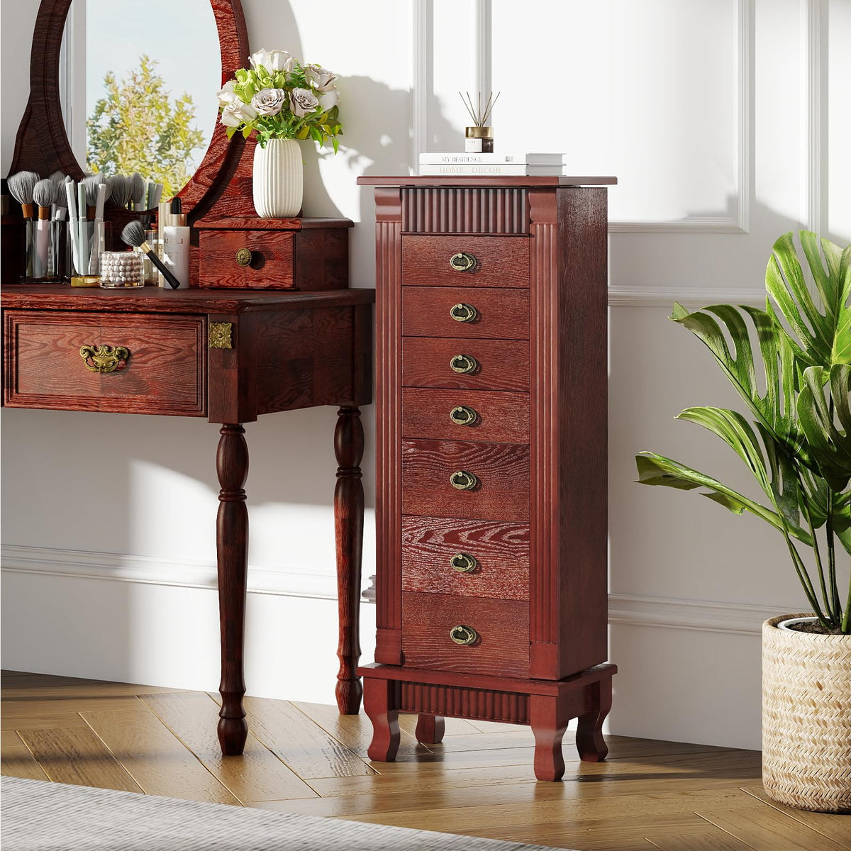 Giantex Standing Jewelry Cabinet with 7 Drawers, Flip-Top Mirror, 2 Side Doors with 12 Necklace Hooks, Divided Ring Compartments, Velvet-Lined Jewelry Armoire Organizer Chest (Cherry)