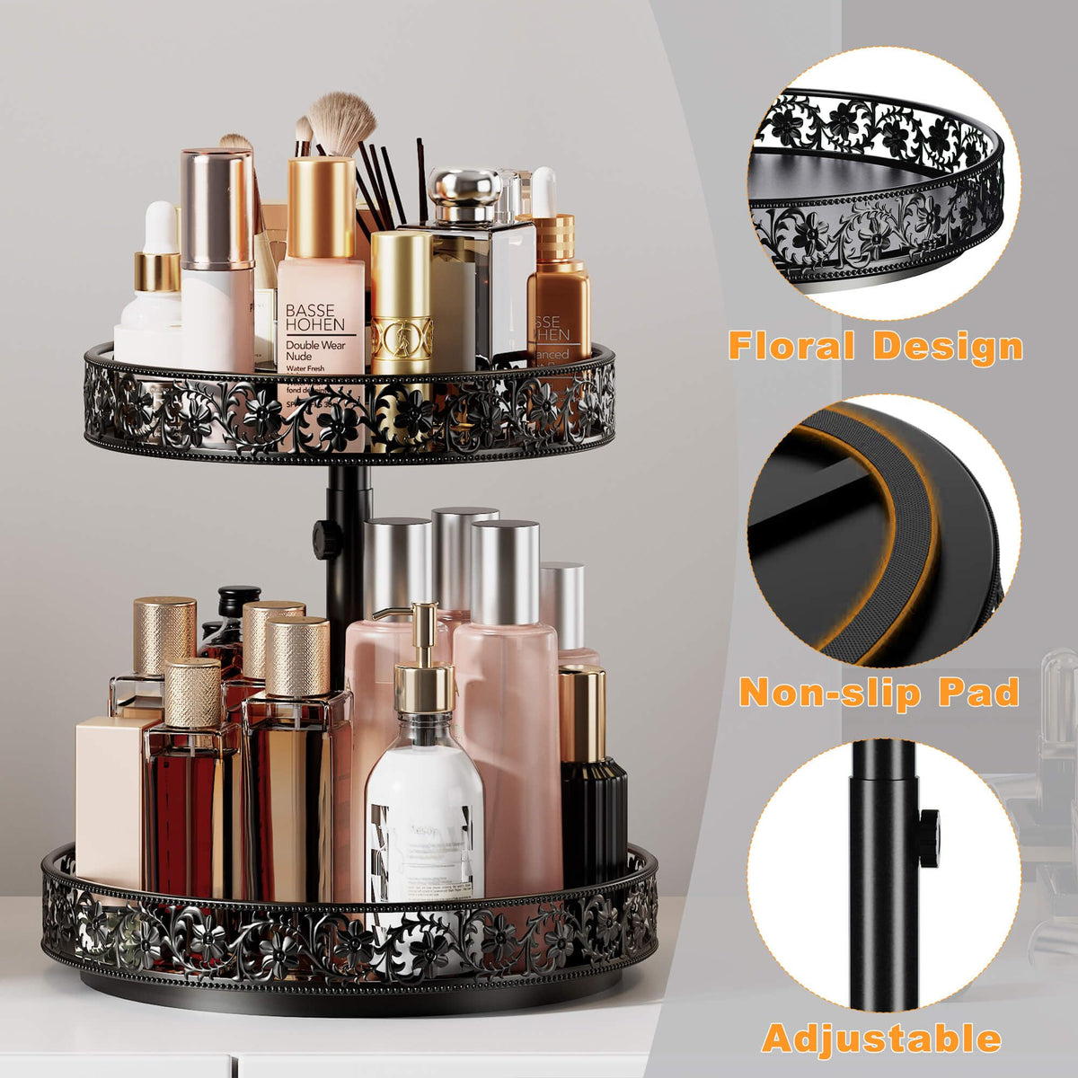 Two Tier Lazy Susan Organizer Turntable Height Adjustable, 2 Tier Lazy Susan 12 Inch Metal Easy Assembly, Spice Rack Organizer Rotating for Cabinet Dining Table Top Kitchen Countertop Black