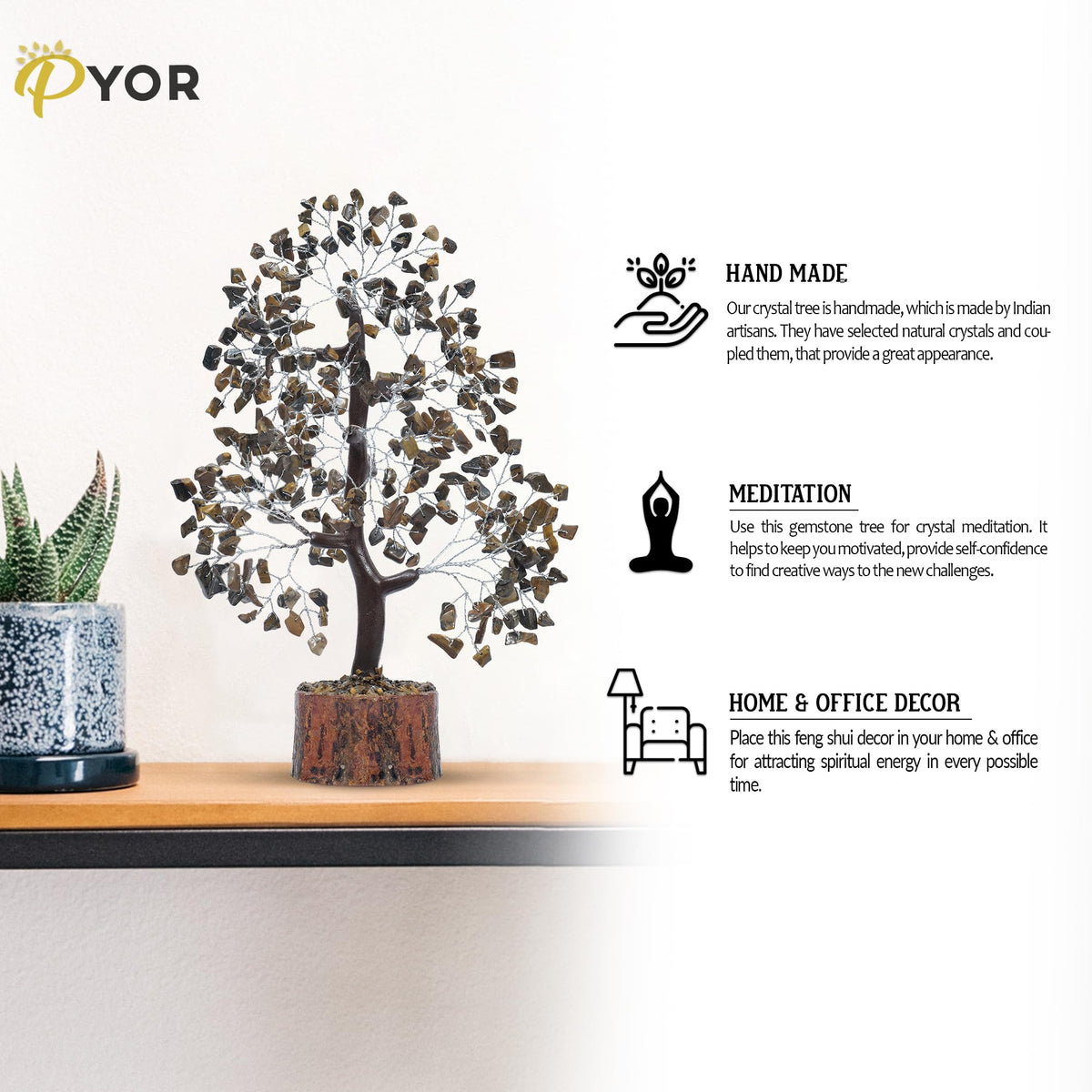PYOR Tigers Eye, Healing Crystal Tree, Office Decor for Women, Gem Tree, Tiger Eye Stone, Good Luck Gifts, Money Crystal Stone, Positive Energy Decor, Gemstone Bonsai