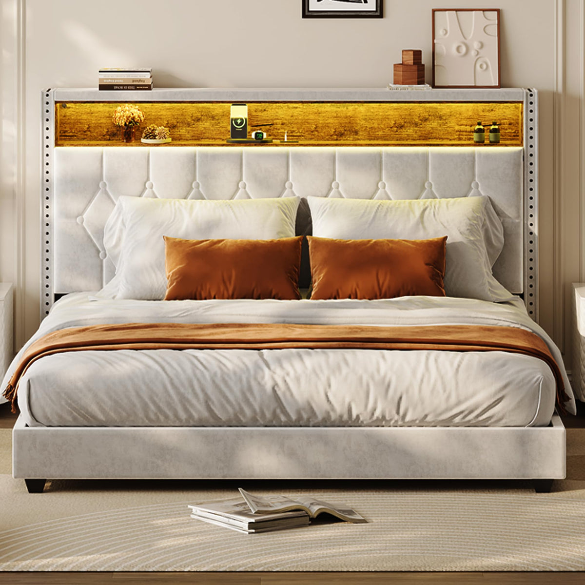 Garvee King Bed Frame with LED Light and Charging Station, Upholstered Bed Frame with Button Headboard, Wood Slat, No Box Spring Needed, Easy Assembly