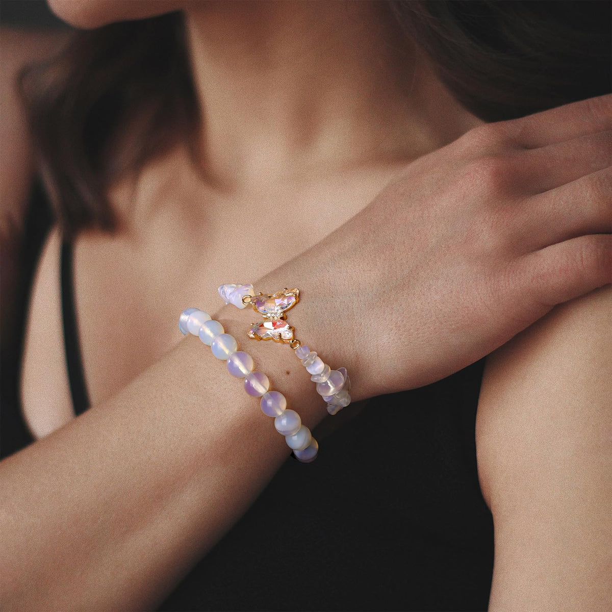 GolbalJew Opal Stone Bracelet for Women Healing Crystal Stone Bracelets Gemstone Beads Stretch Bracelet Butterfly Charms Jewelry Women Gift