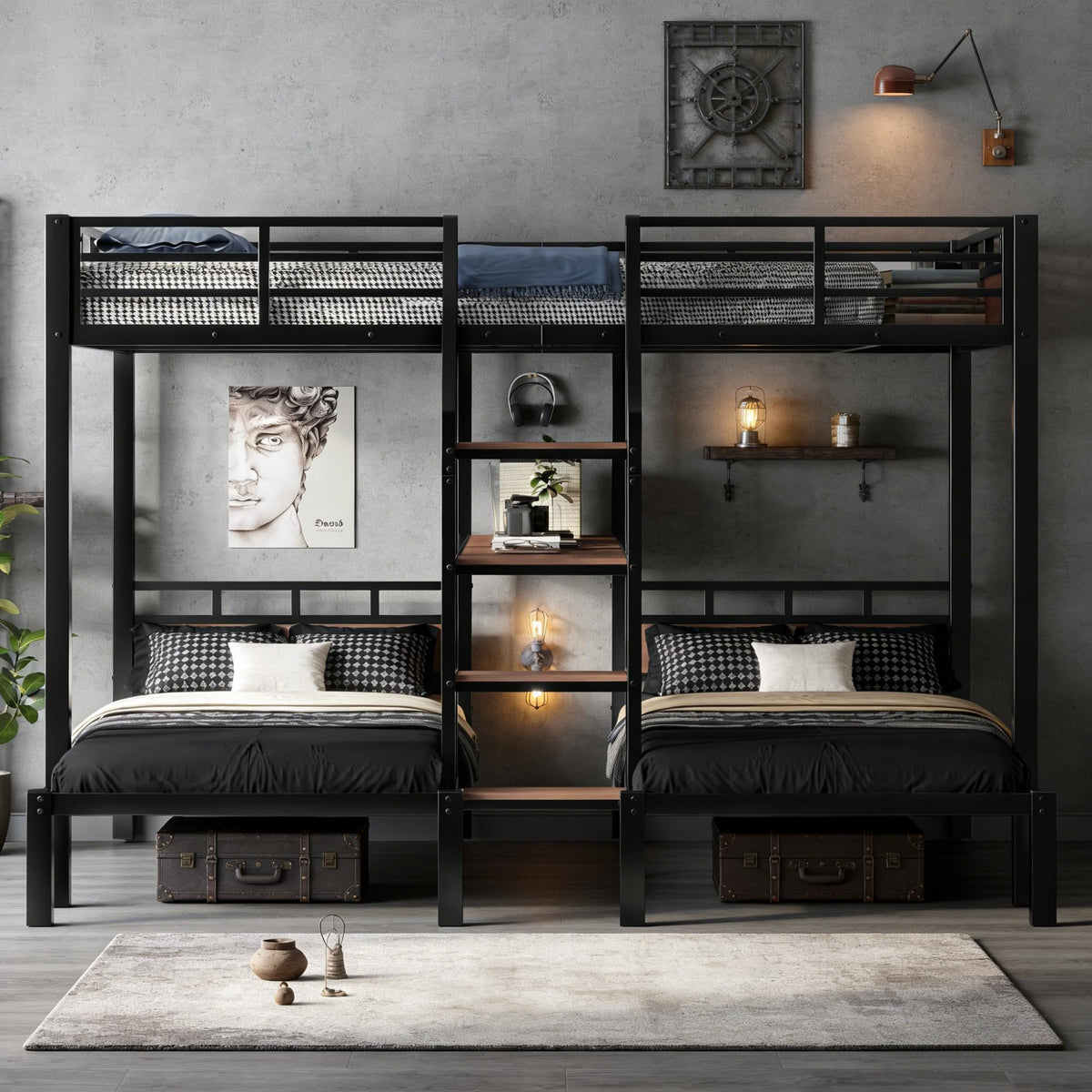 Bellemave Queen Over Twin & Twin Bunk Bed with Shelves, Metal Triple Bunk Beds with Safety Guardrails and Underbed Storage, Heavy-Duty 3 Bunk Beds for Kids, Teens, Adults, No Box Spring Needed, Black