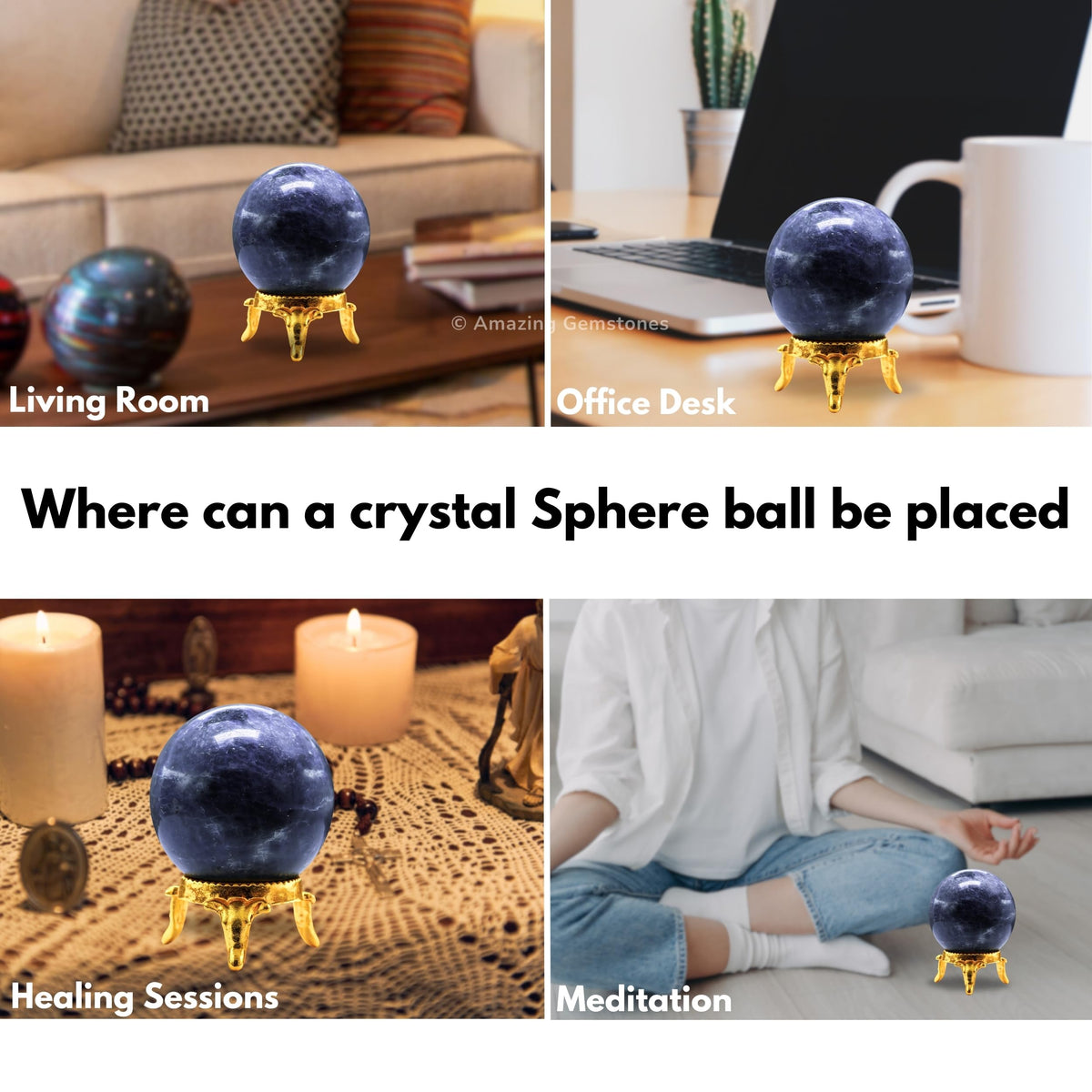 Amazing Gemstone Iolite Crystal Ball with Stand - 2 Inches Crystal Sphere Meditation Balls for Witchcraft and Decorative Balls