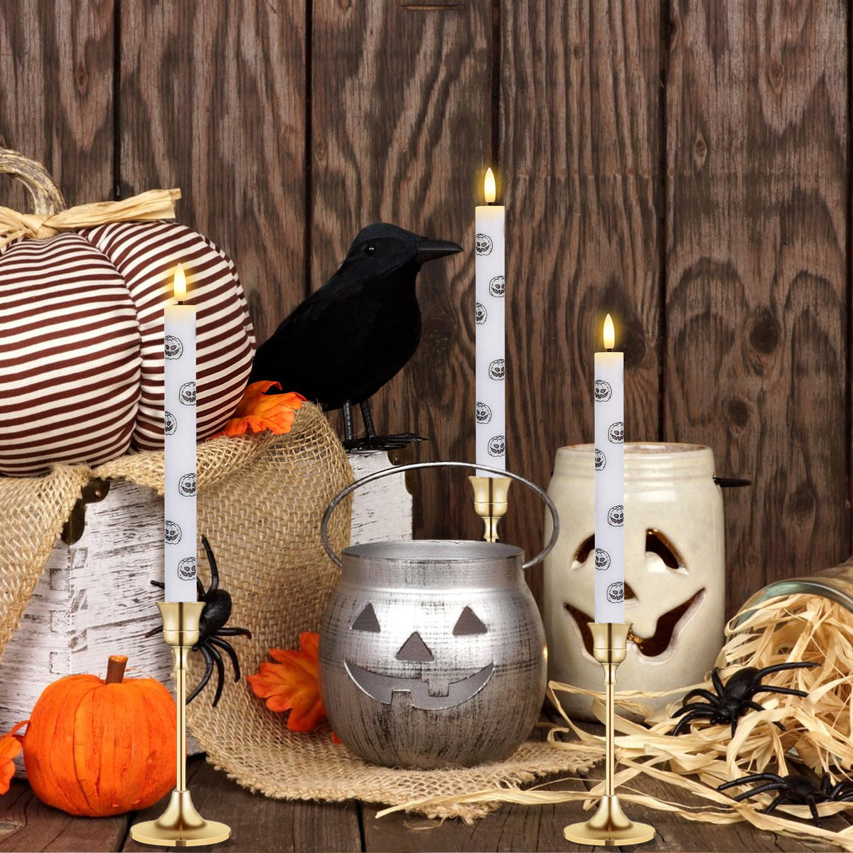 SEHNSY Halloween LED Flameless Taper Candles with Remote and Timer, 4 Pack Battery Operated Real Wax Candles with Glow in The Dark Pumpkin Face Stickers for Halloween Table Party Decor