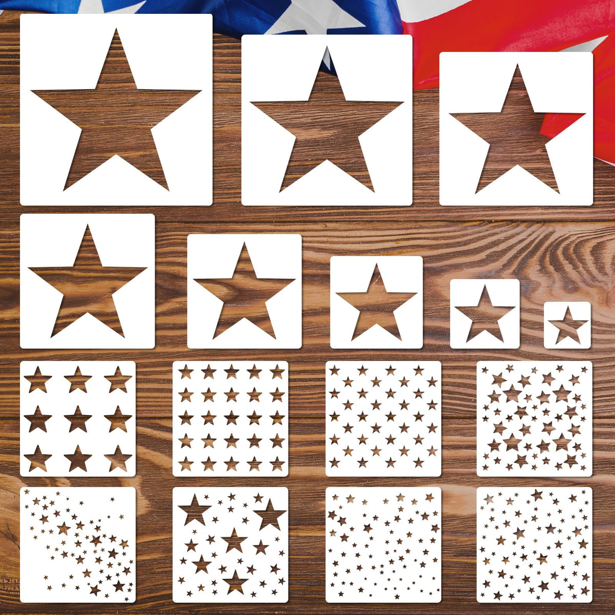 JarThenaAMCS 16Pcs Star Shape Stencils Patriotic Star Templates Stencils Reusable Plastic Drawing Painting Template for 250th Anniversary 4th of July Independence Day DIY Art Craft Painting on Wood