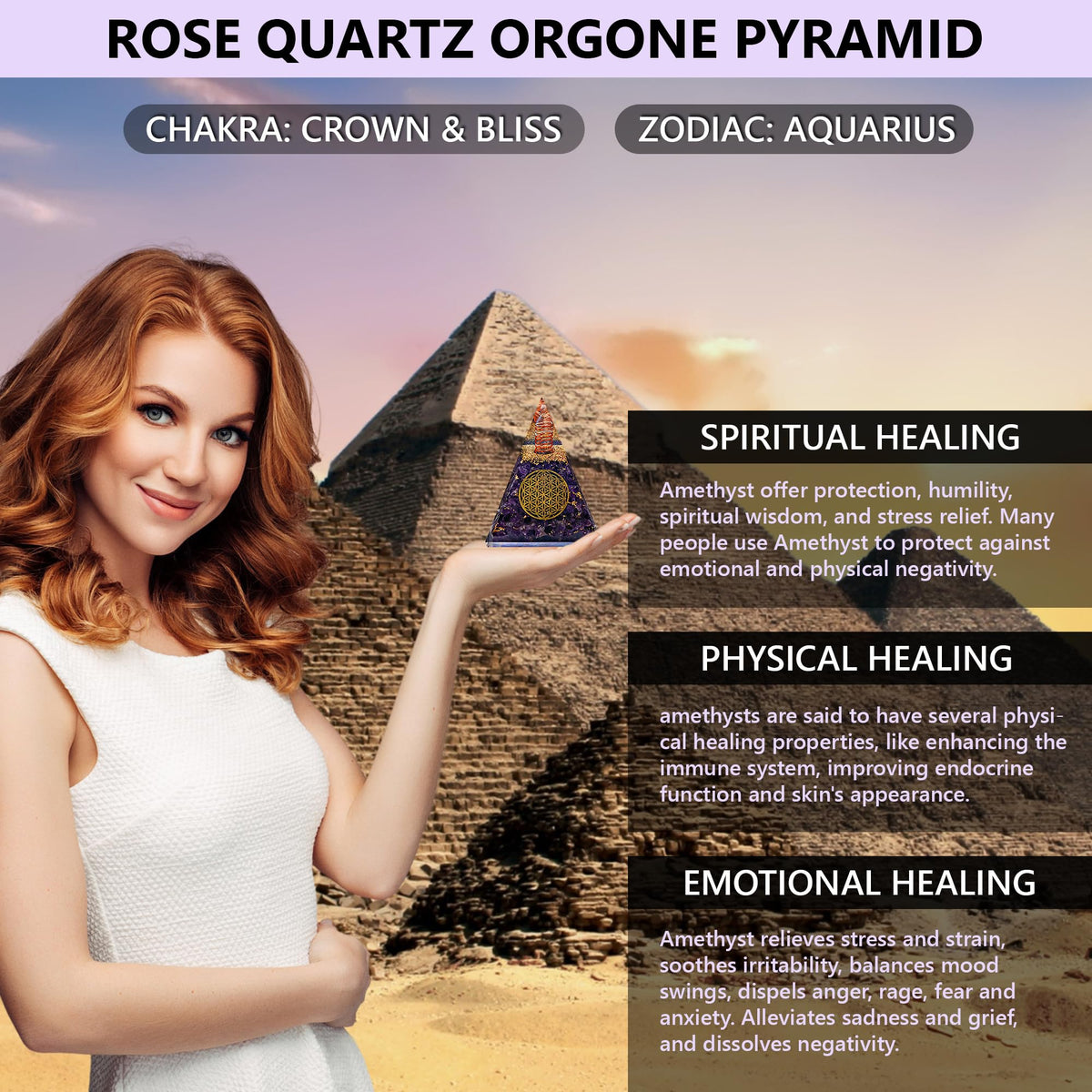 Anaya Agate Orgone Pyramid – Handmade Amethyst Crystal Pyramid – Orgonite Pyramids with Amethyst Crystal Stone, Flower of Life – Crystals and Healing Stones for Spiritual Wisdom and Awakening
