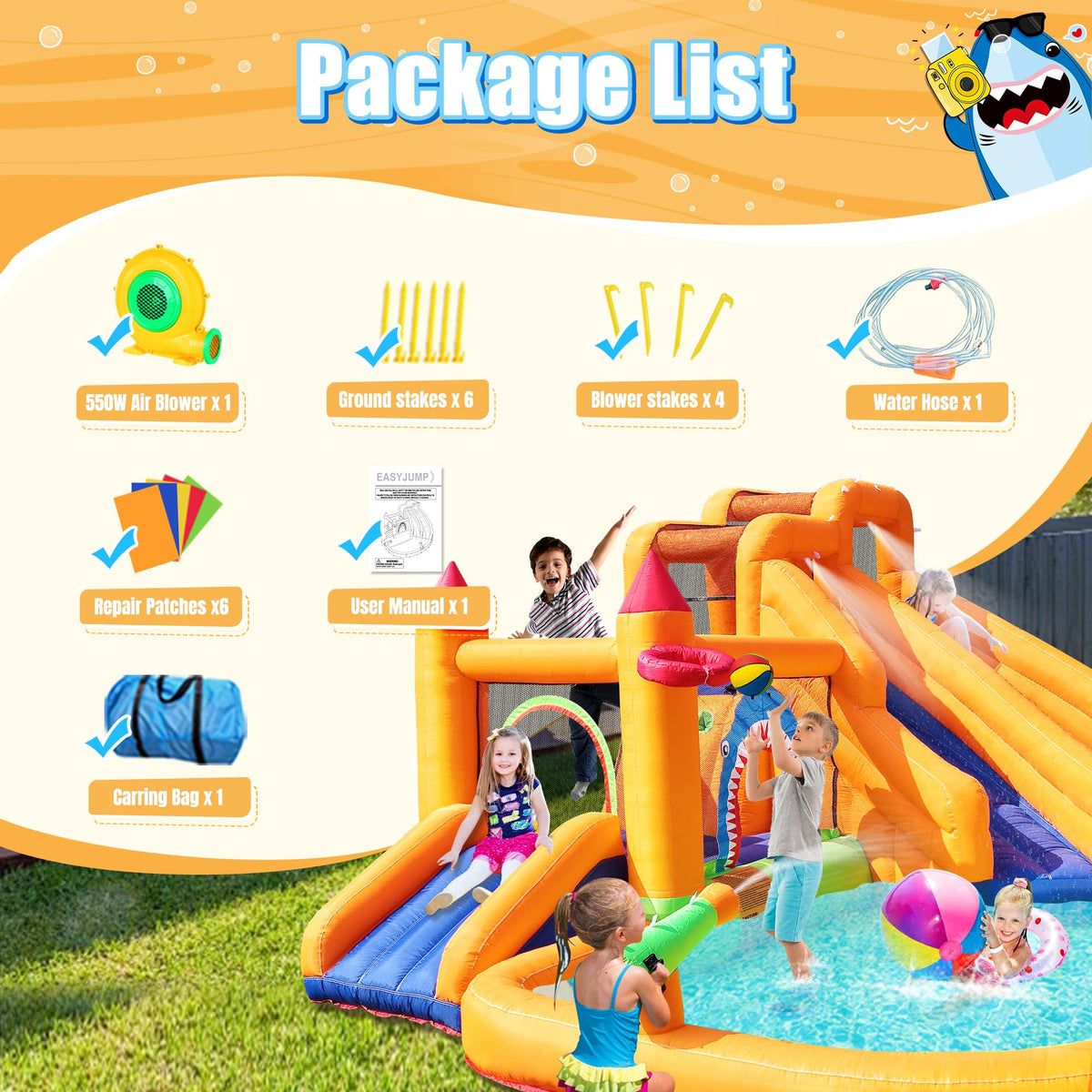 Inflatable Bounce House, Triple Water Slide for Kids with Double Cannon, Climbing Wall, Jumping, Splash Pool, Basketball Hoop for Outdoor Backyard Party, 10 in 1 Giant Castle Included 550W Air Blower