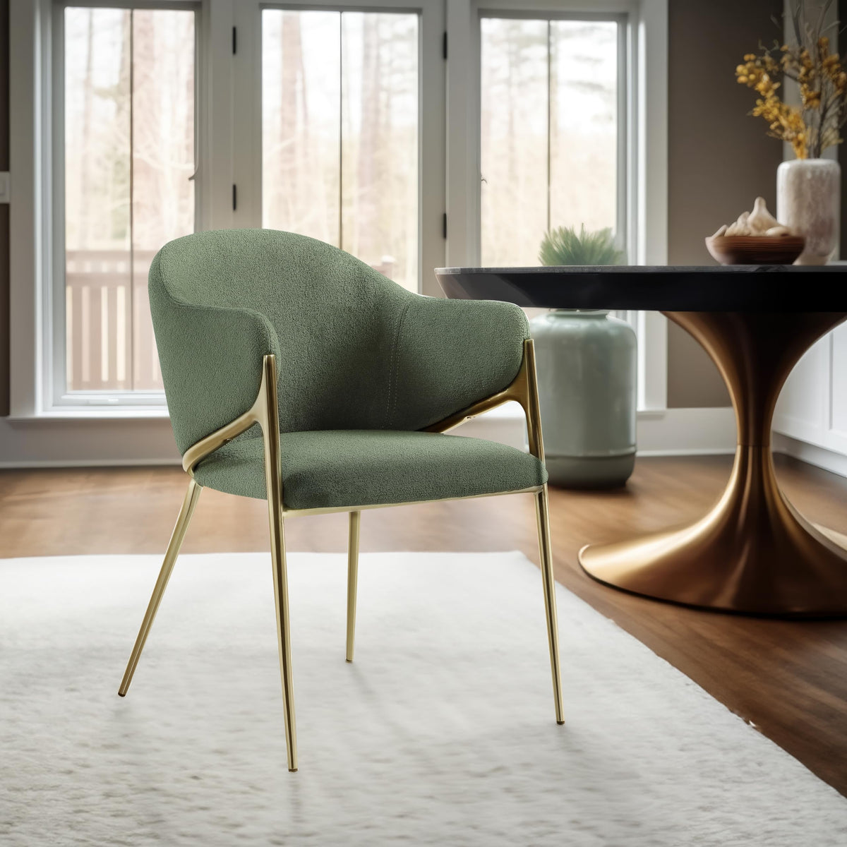 Meridian Furniture 559Green-C Nial Collection Modern | Contemporary Dining Chair with Rich Green Boucle Fabric, Iron Frame in Brushed Brass Finish, 22.5" W x 24.5" D x 31.5" H, Green, Set of 2