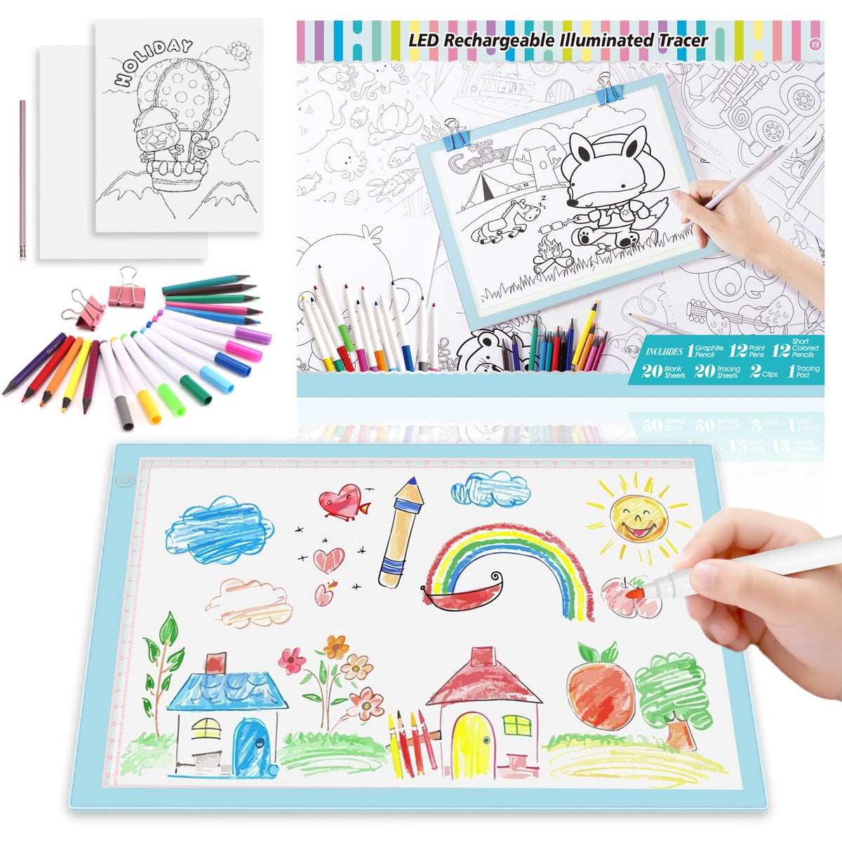 Light Up Tracing Board Kits Blue, 15" Writing Tracer Pad for Kids Ages 3-12, Drawing Tablet Supplies for Diamond Art Painting Accessories, Sketching Light Box Table for Boys Adults Holiday Gift Toys