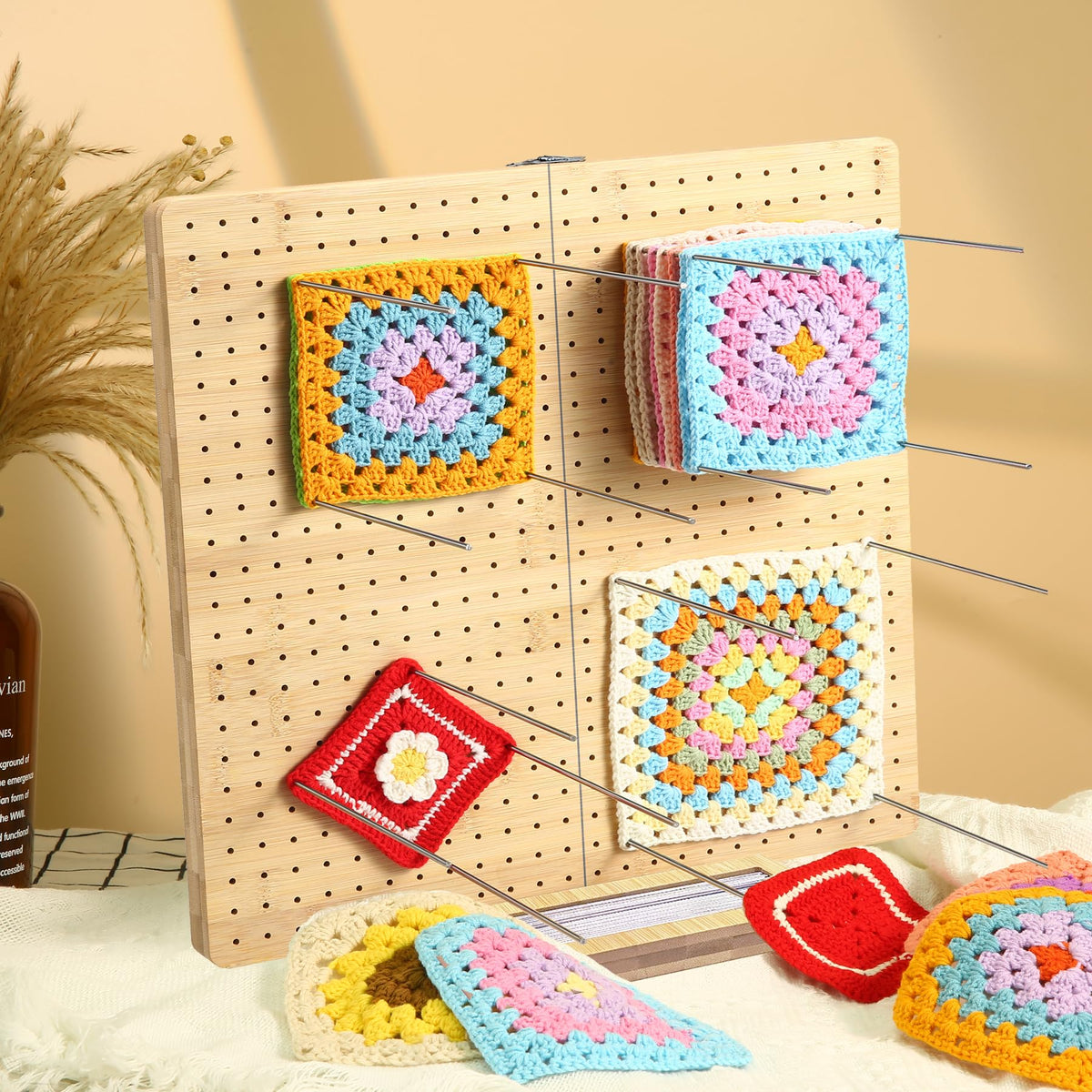 Aulin 15.5"" x 15.5"" Foldable Crochet Blocking Board with Pegs | 35 Stainless Steel Rod Pins - Upgrade Large Blocking Boards for Crochet Projects, Gifts for Crocheters, Mothers, Grandmothers