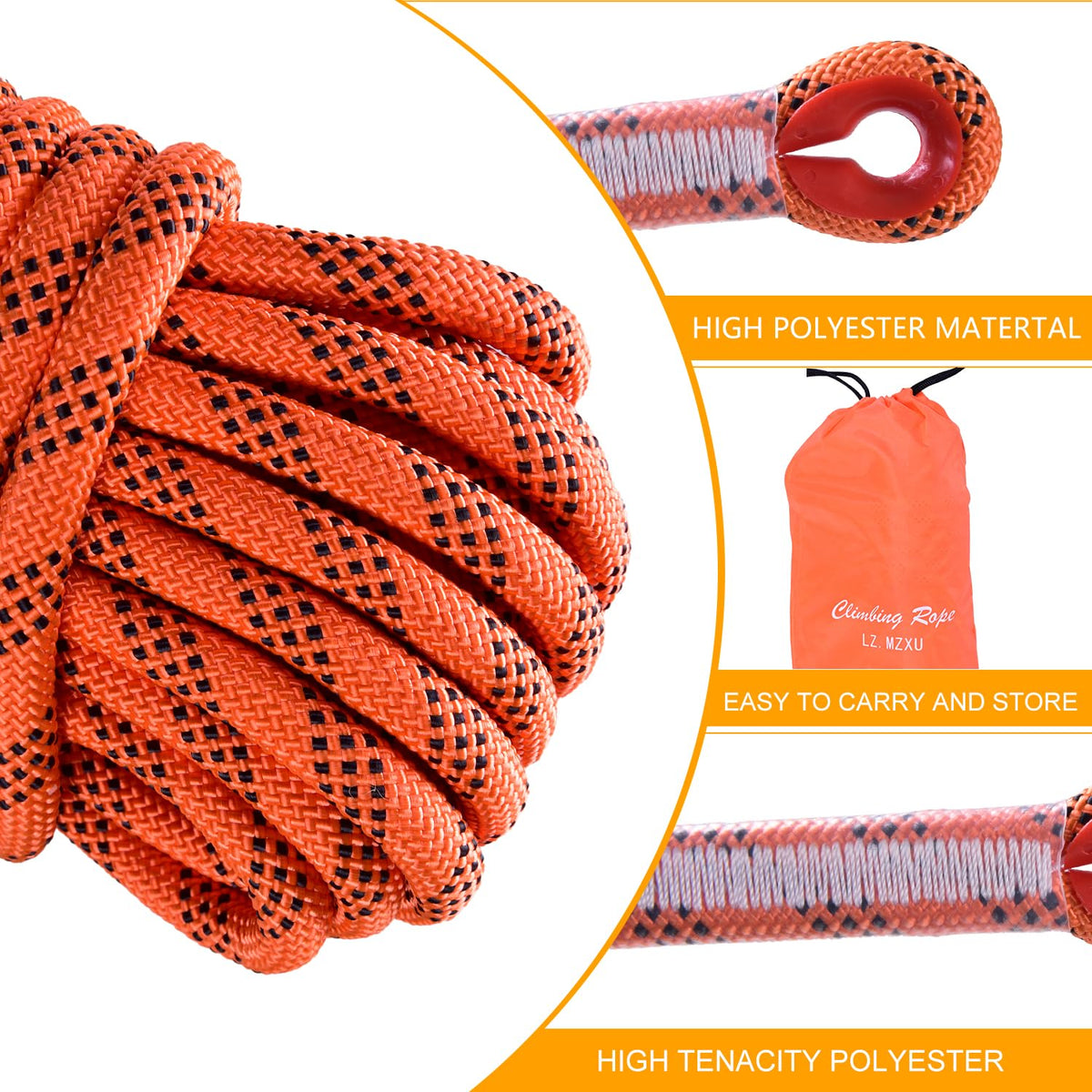 LZ.MZXU Climbing Rope, 12mm Static Climbing Ropes, 32FT(10M) 65FT(20M) 100FT(30M) 164FT(50M) Outdoor Rock Climbing Rope with Hook, Safety Rappelling Ropes, Fire Rescue Parachute(Orange, 100FT)