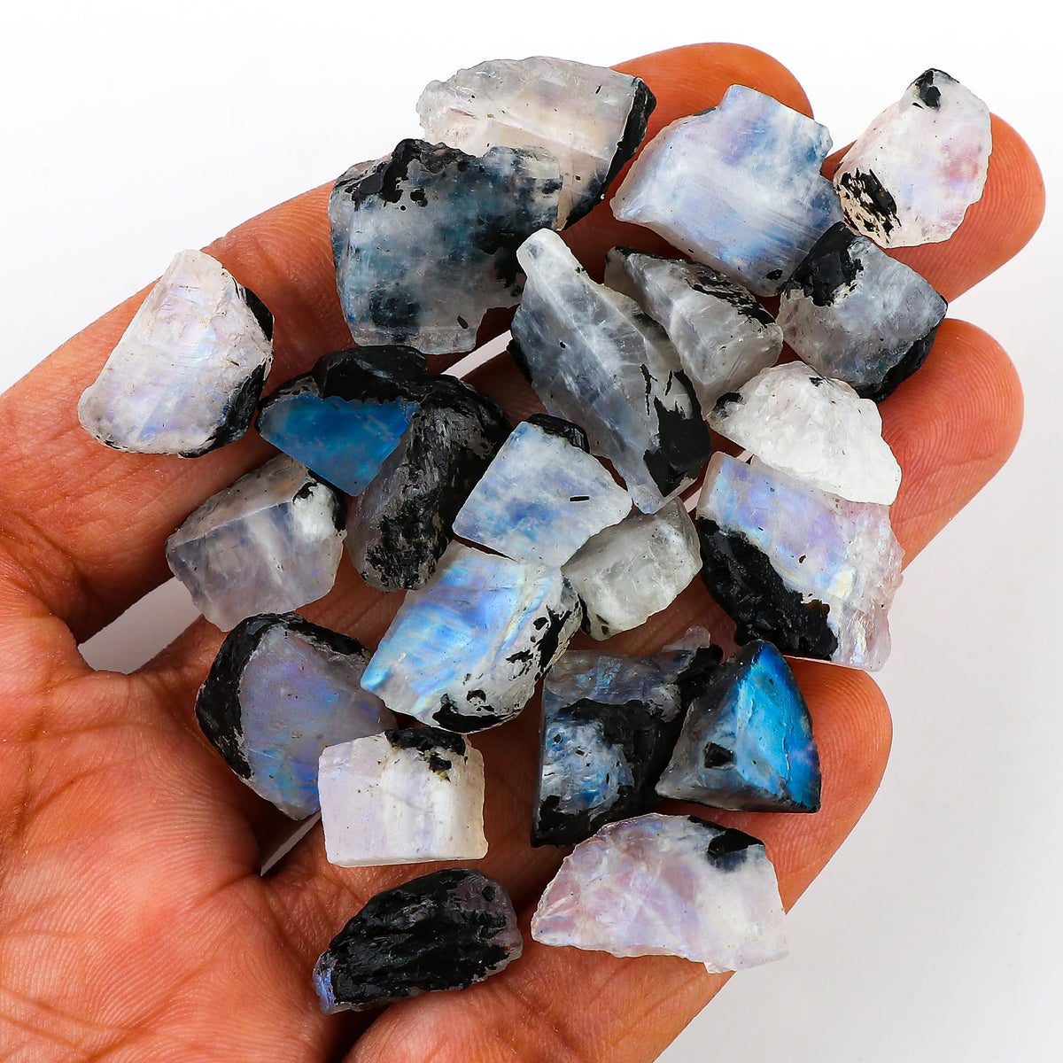 Gemkora 50 ct. Natural Blue Flash Raw Tourmilated Moonstone Crystal Rough Gemstone, Rock, Jewelry Making Supplies, Chakra Healing, Meditation, Art-DIY Stone, (8 to 10pcs) (10-15mm)