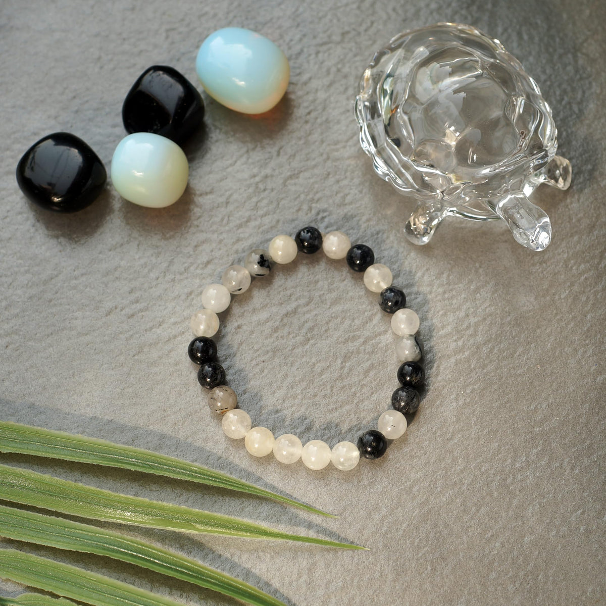 Crystal Agate Bracelets - Manifestation Bracelet - Natural Black Rutile Beaded Stretch Bracelet 8mm - Unisex Adult Yoga Bracelet - White-Black