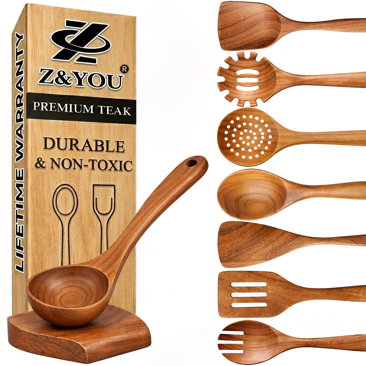 9-Piece Teak Wooden Utensil Set – Wooden Spoons for Cooking with Spoon Rest, Wooden Spatula, and Non Toxic Cooking Utensils – Premium Kitchen Utensils Set for Daily Use