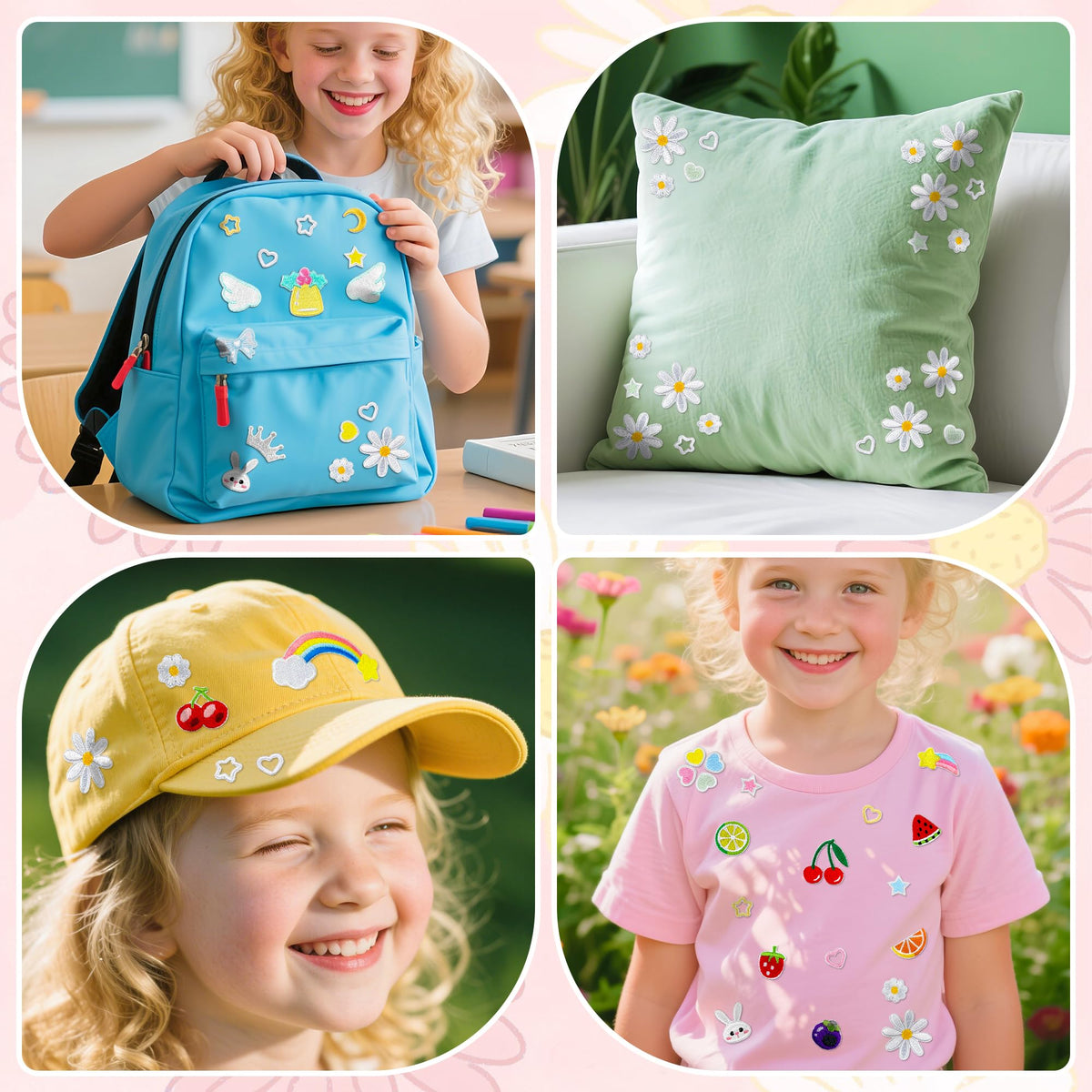 Mini Iron On Patches for Clothes 65Pcs Cute Self Adhesive Embroidered Patches Set with Daisy, Fruits-Kids DIY Trucker Hat Patches for Jackets, Bags, Leis