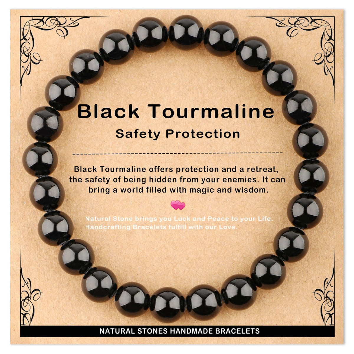 AD Beads 8mm Handmade Black Tourmaline Elastic Bracelet – Natural Gemstone for Safety Protection – Meditation, Yoga, Healing and Energy Gift for Men Women