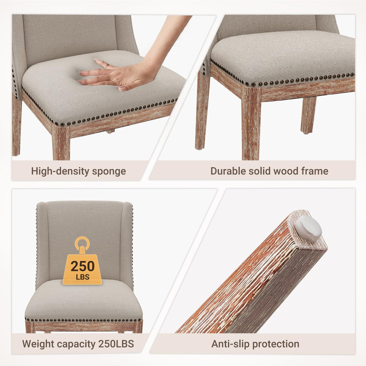 MALOL Upholstered Dining Chairs Set of 6, Premium Fabric Accent Chairs with Nailhead Trim, Curved Backrest & Solid Wood Legs for Dining Room, Kitchen & Living Space, Beige