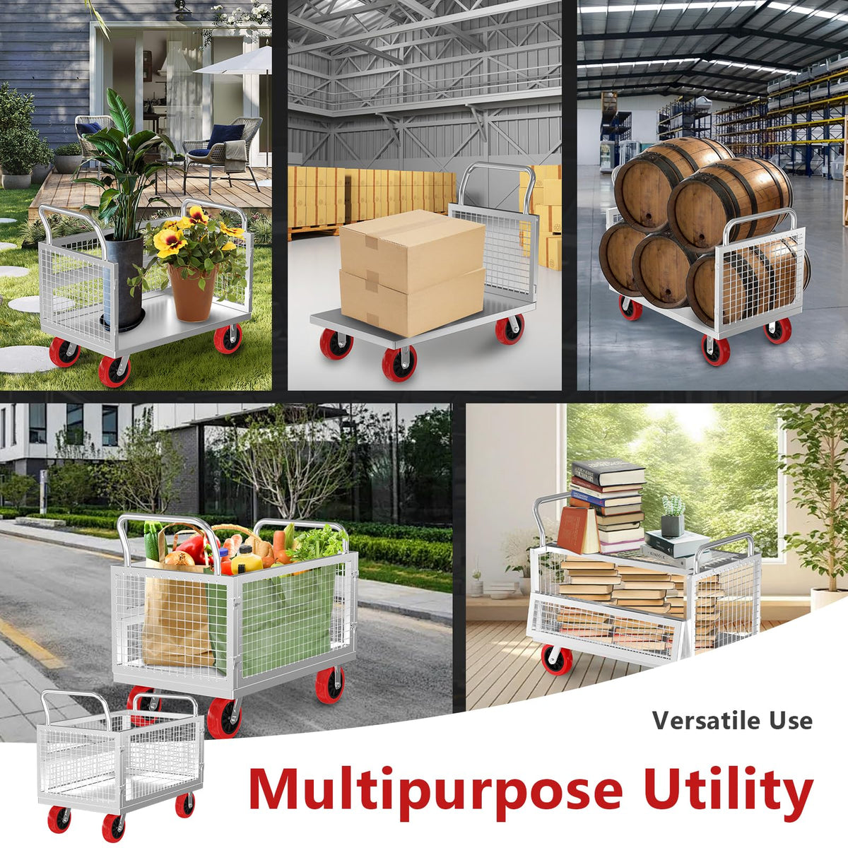 5IN1 Heavy Duty Platform Truck with Cage 40x24 Hand Truck,1800lbs Capacity Basket Cart w/Wheels, Multi-Functional Push Dolly w/6” Swivel Casters, Versatile Flatbed Cart