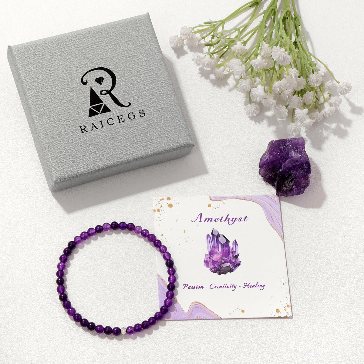 Raicegs 4MM Amethyst Beaded Bracelets Healing Crystal Bracelet for Women Men Natural Stone Handmade Stretch Bracelet Reiki Spiritual Jewelry
