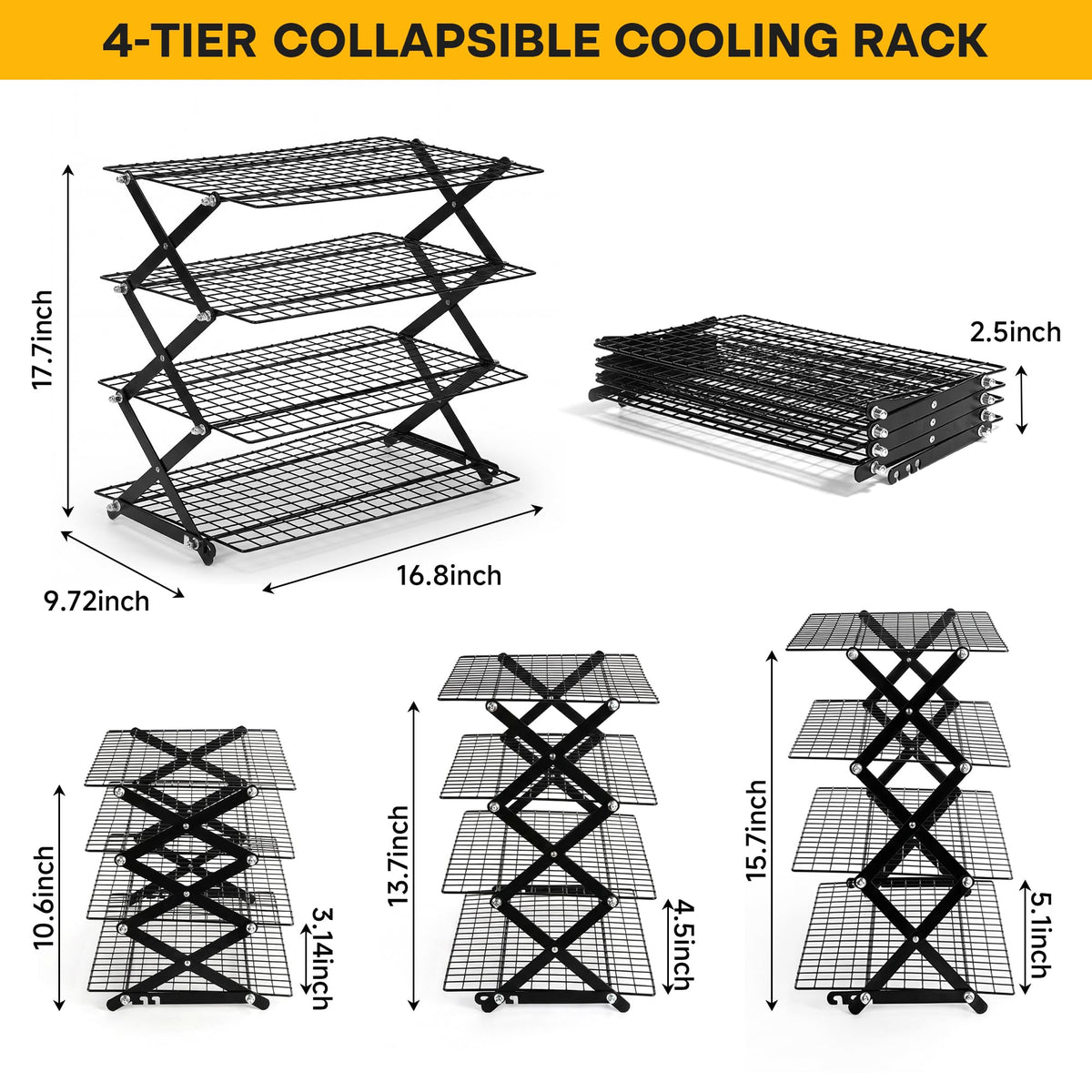 Aguegro 4-Tier Collapsible Cooling Rack, High-Quality Stainless Steel Adjustable Stackable Wire Cookie Cooling Rack for Baking, Cookies, Cake, Roasting, Grilling, Drying