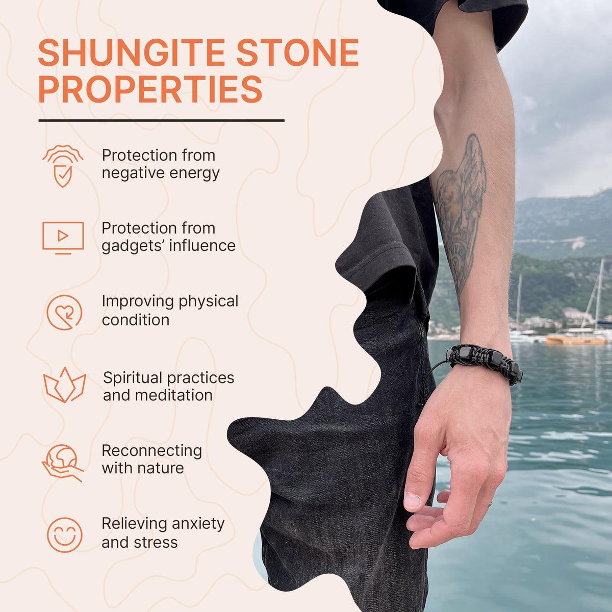 Brutal Handcrafted Shungite Stone Men's Bracelet Arachne 10 mm Cube Beads | Shungite Protection Jewelry for Men and Women | Adjustable Solid Stone Shambhala Macrame Black Mens Beaded Bracelet SB104