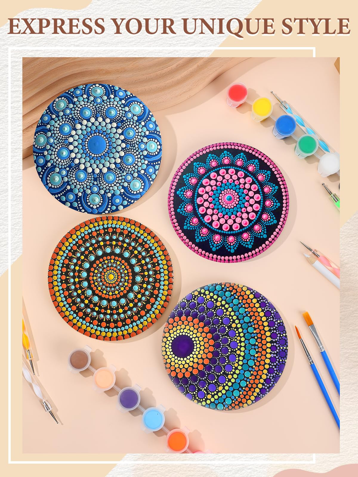 Beeplove Relaxing Crafts for Adults - Gifts for Women Mom Daughter Sister Friend Co-Worker, Beginner Friendly Mandala Rock Painting Kit with Stencils Dotting Tools