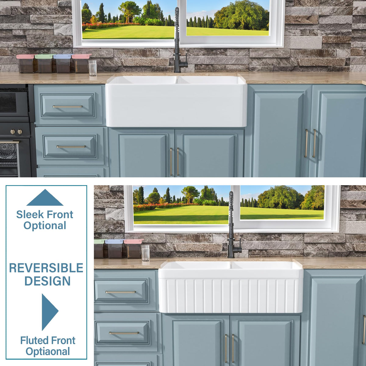 HOMLYLINK Double Bowl Farmhouse Sink White 33 x 18 Inch, Firecaly Apron Front Undermount Farm Sink Reversible(Sleek & Fluted Optional), Heavy-duty Dual Basin 50/50, for Kitchen