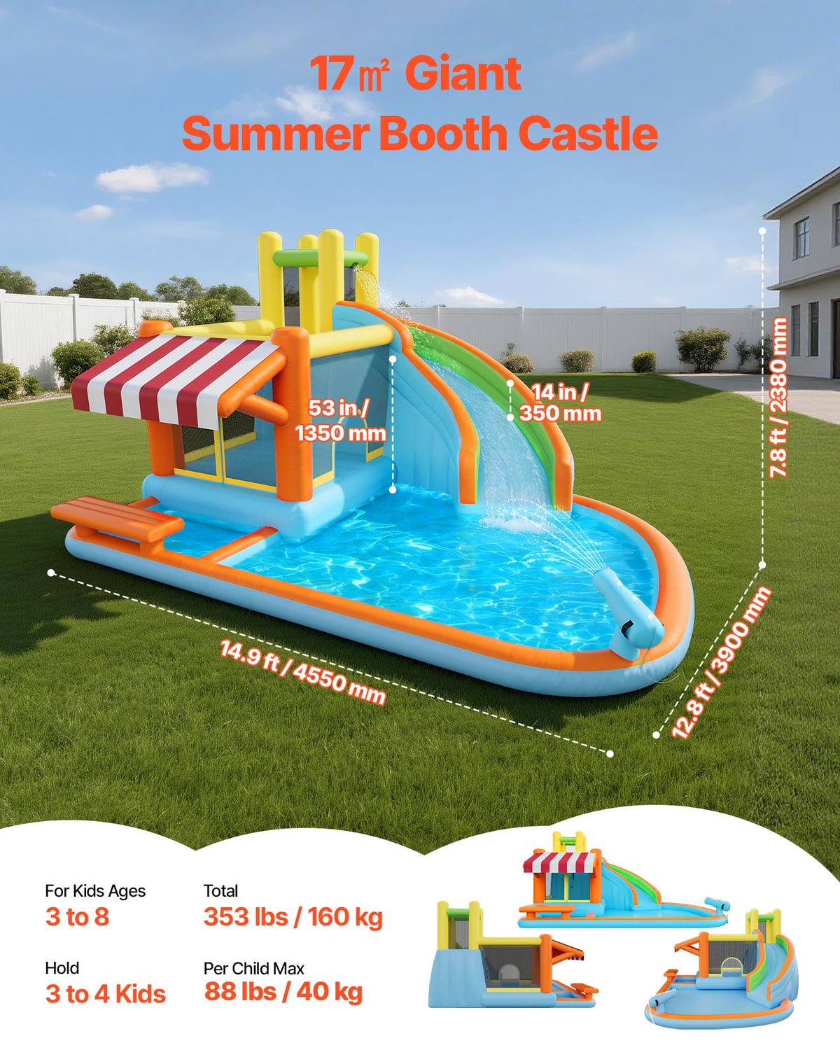 VEVOR Bounce House for Kids, Inflatable Bounce House with Air Blower, Water Slide, Bouncer Castle with Castle Bounces, Tall Slide, Splash Pool & Pretend Market Booth, for 3 to 4 Kids Ages 3 to 8
