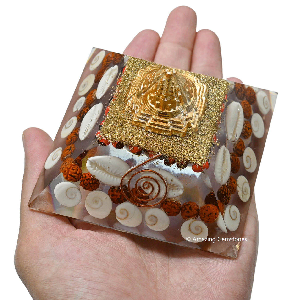 Amazing Gemstone Laxmi Yantra Orgone Pyramid Gomati Chakra, Rudraksha, Cowrie Kodi Maha Laxmi Pyramid Crystals and Healing Stones - Authentic Orgonite & Organite Gifts for Home Vastu Stone